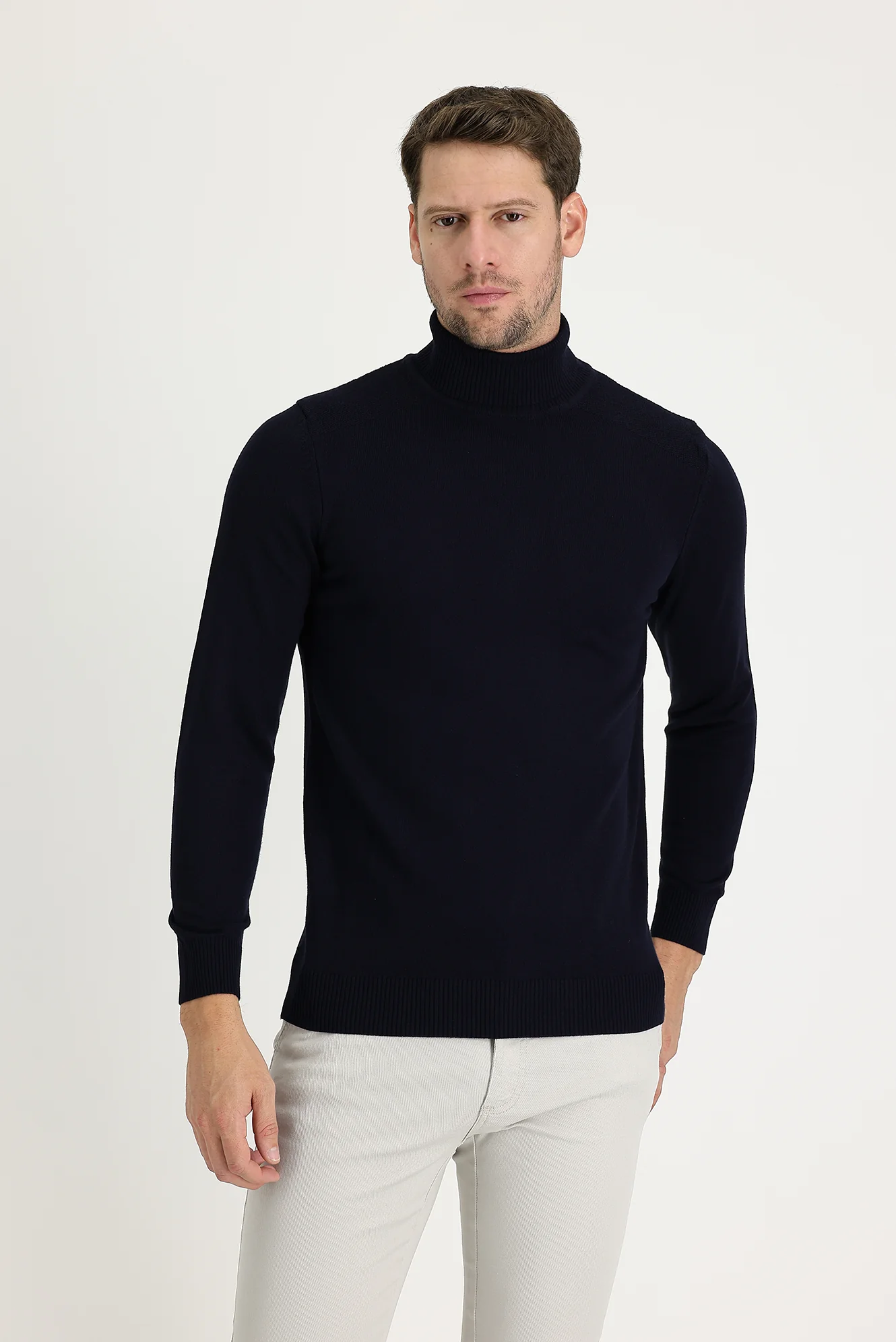 Orta Lacivert Balıkçı Yaka Slim Fit Dar Kesim Desenli Triko Kazak - Image 2