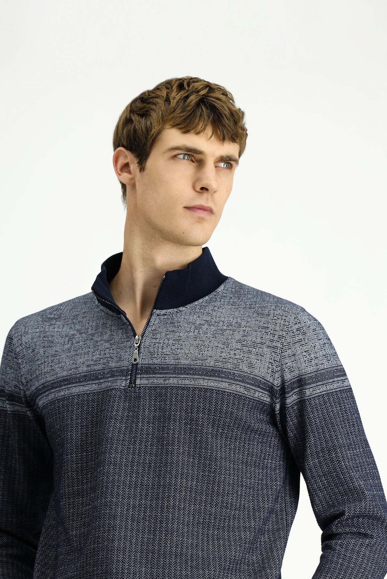 Orta Lacivert Yarım Balıkçı Yaka Yaka Regular Fit Desenli Fermuarlı Pamuklu Sweatshirt - Image 3