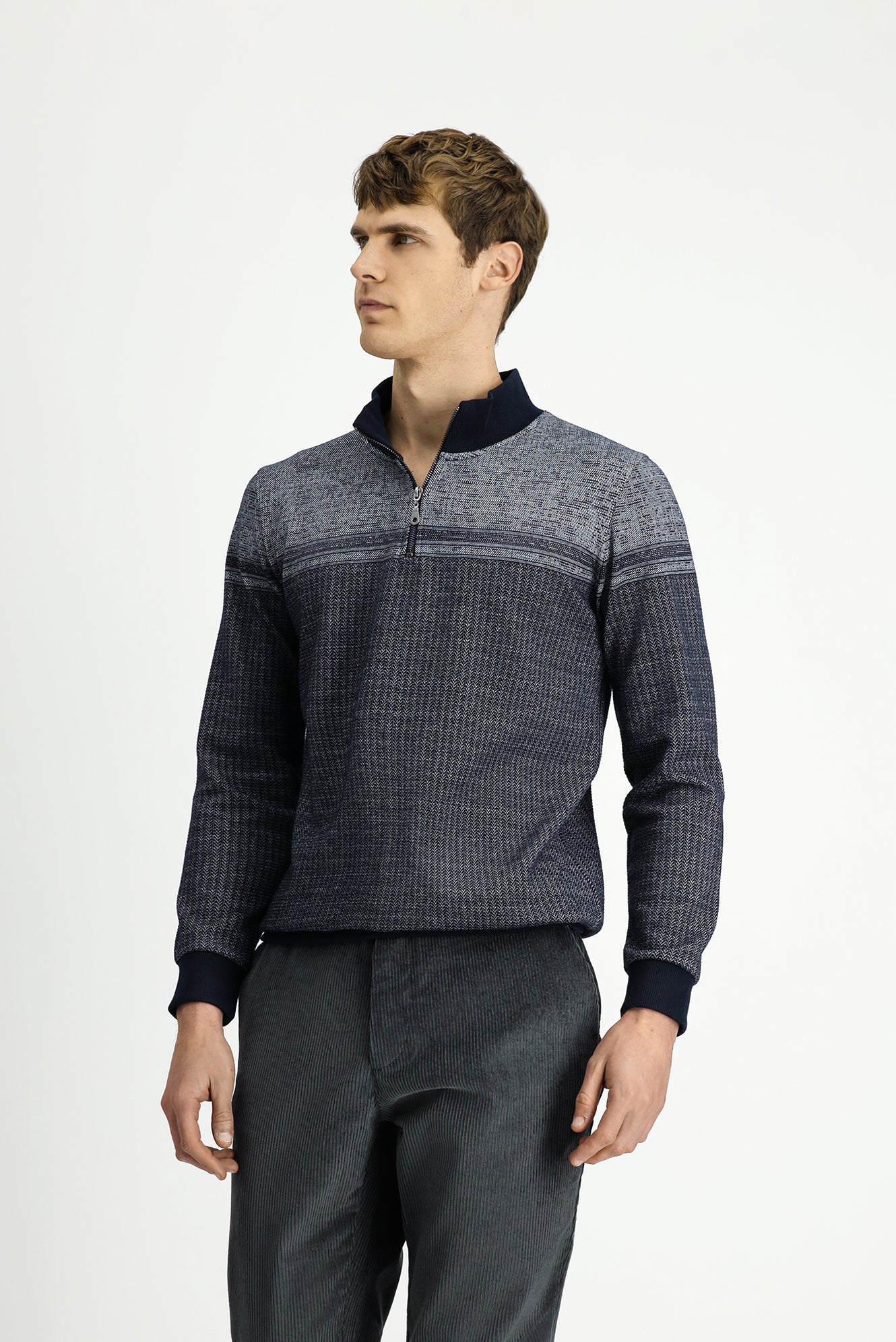 Orta Lacivert Yarım Balıkçı Yaka Yaka Regular Fit Desenli Fermuarlı Pamuklu Sweatshirt - Image 4
