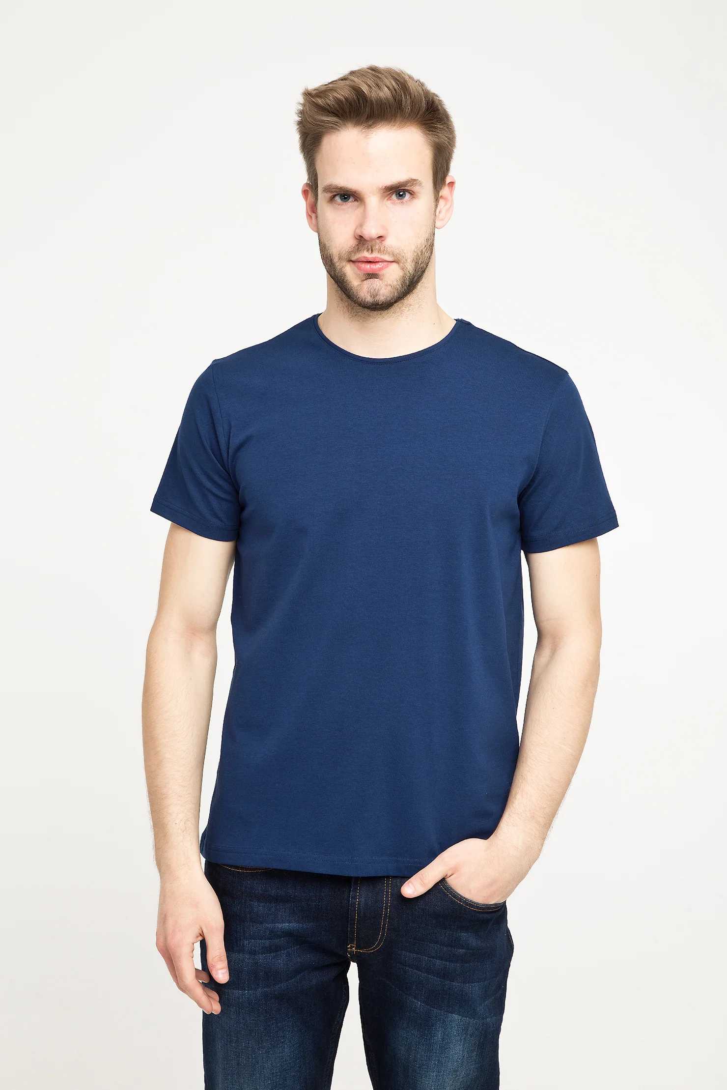 Orta Lacivert Bisiklet Yaka Düz Slim Fit Dar Kesim Tişört