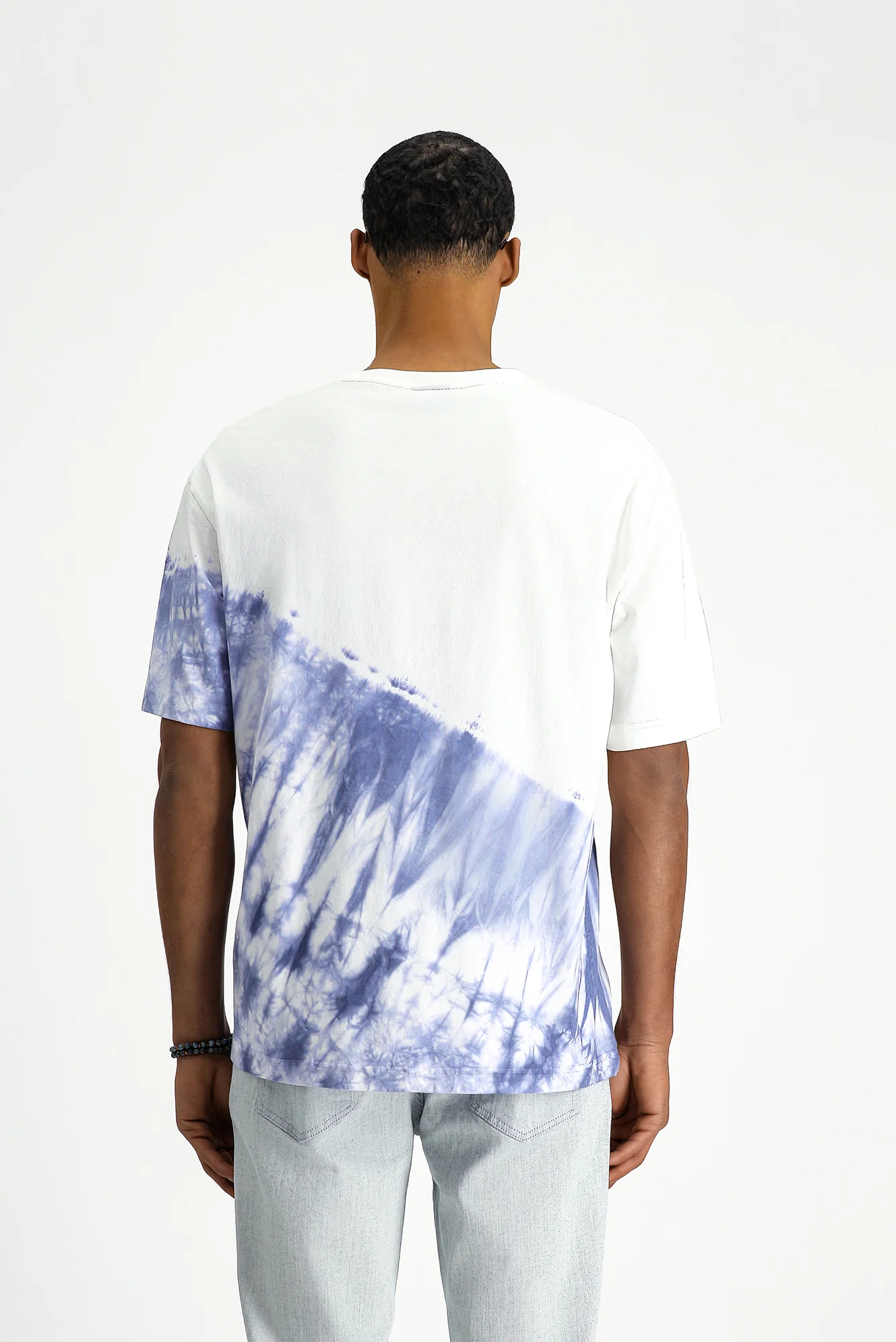 Orta Lacivert Bisiklet Yaka Oversize Pamuk Baskılı Tişört - Image 5