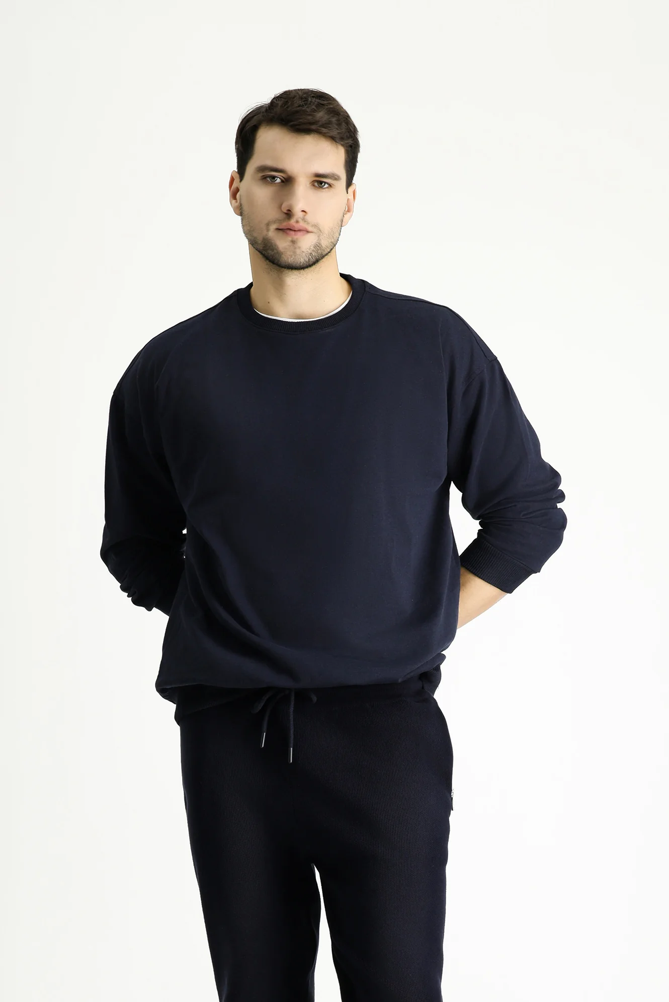 Orta Lacivert Bisiklet Yaka Oversize Pamuklu Sweatshirt