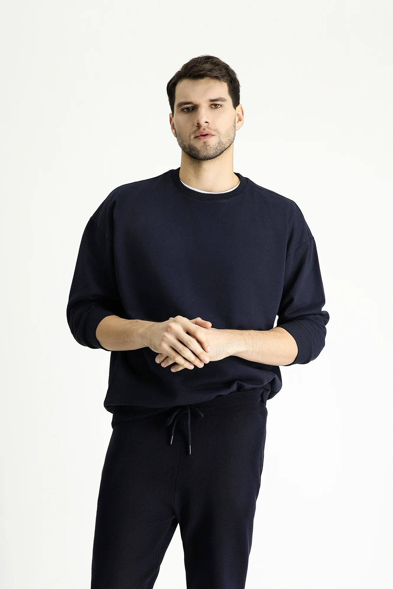 Orta Lacivert Bisiklet Yaka Oversize Pamuklu Sweatshirt - Image 3