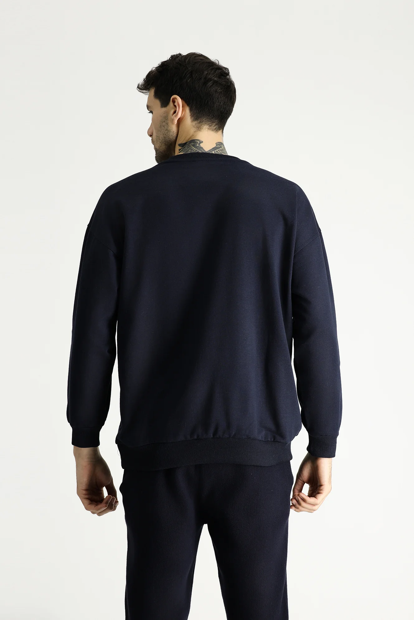 Orta Lacivert Bisiklet Yaka Oversize Pamuklu Sweatshirt - Image 4
