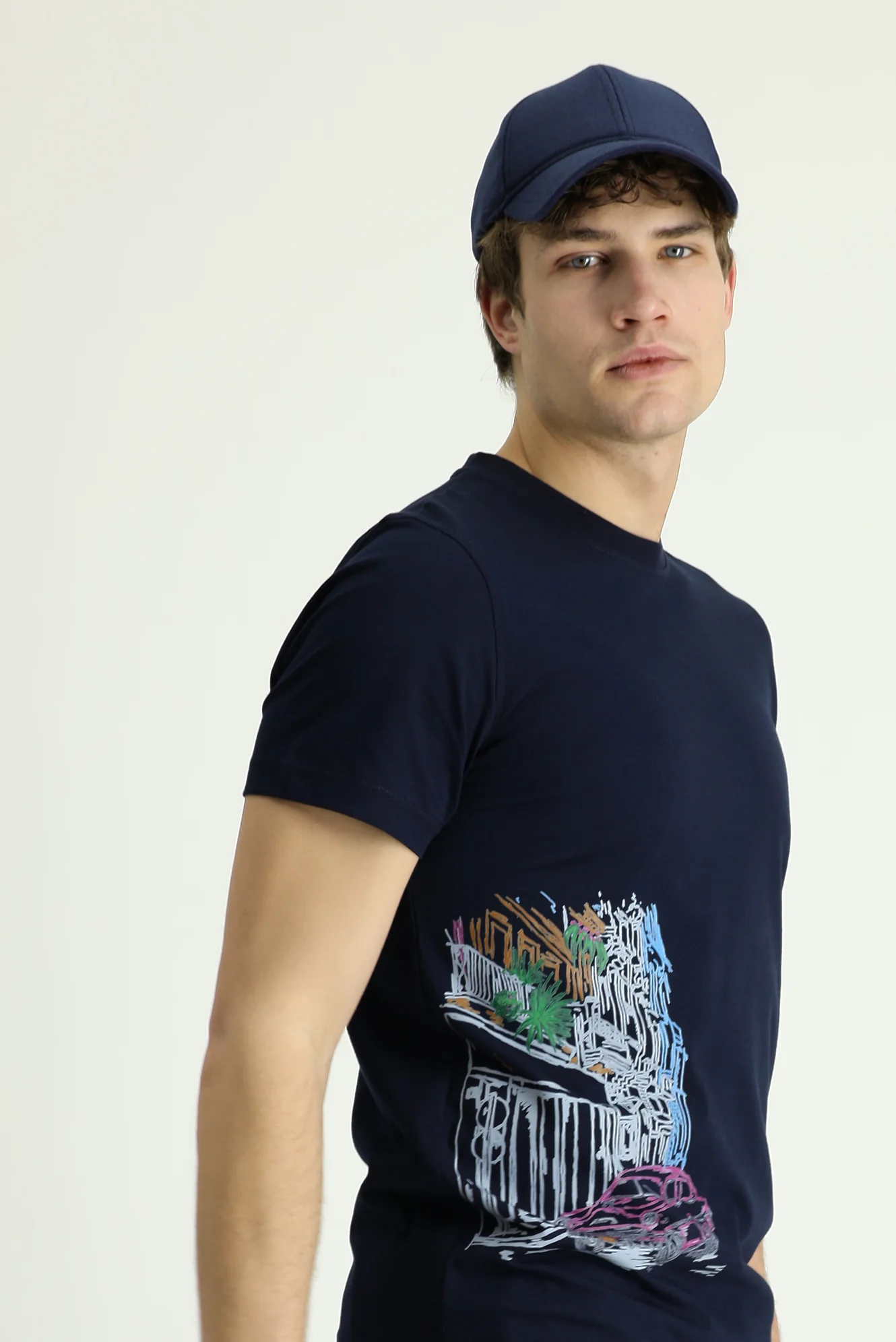 Orta Lacivert Bisiklet Yaka Slim Fit Dar Kesim Baskılı Pamuk Tişört - Image 4