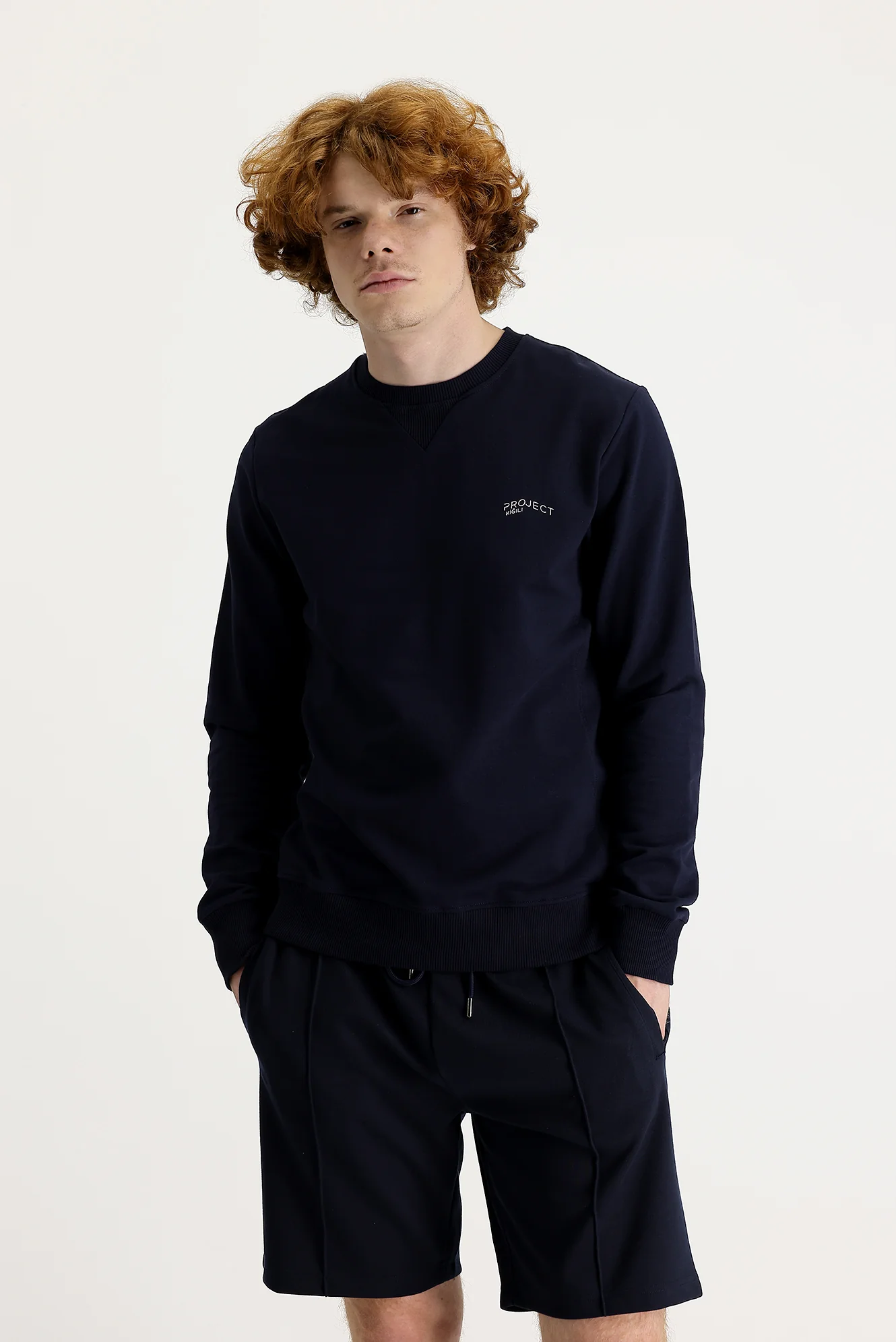 Orta Lacivert Bisiklet Yaka Slim Fit Dar Kesim Baskılı Sweatshirt