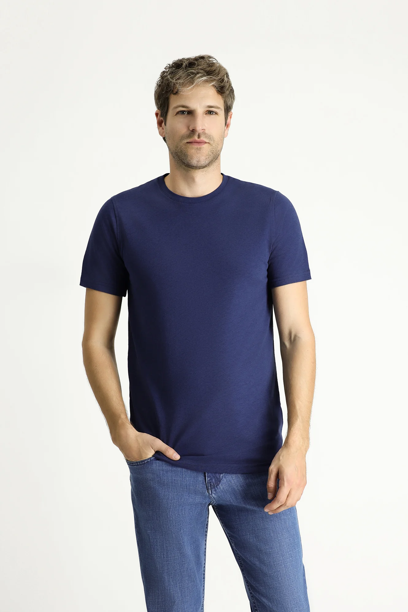 Orta Lacivert Bisiklet Yaka Slim Fit Dar Kesim Keten Karışımlı Tişört - Image 3