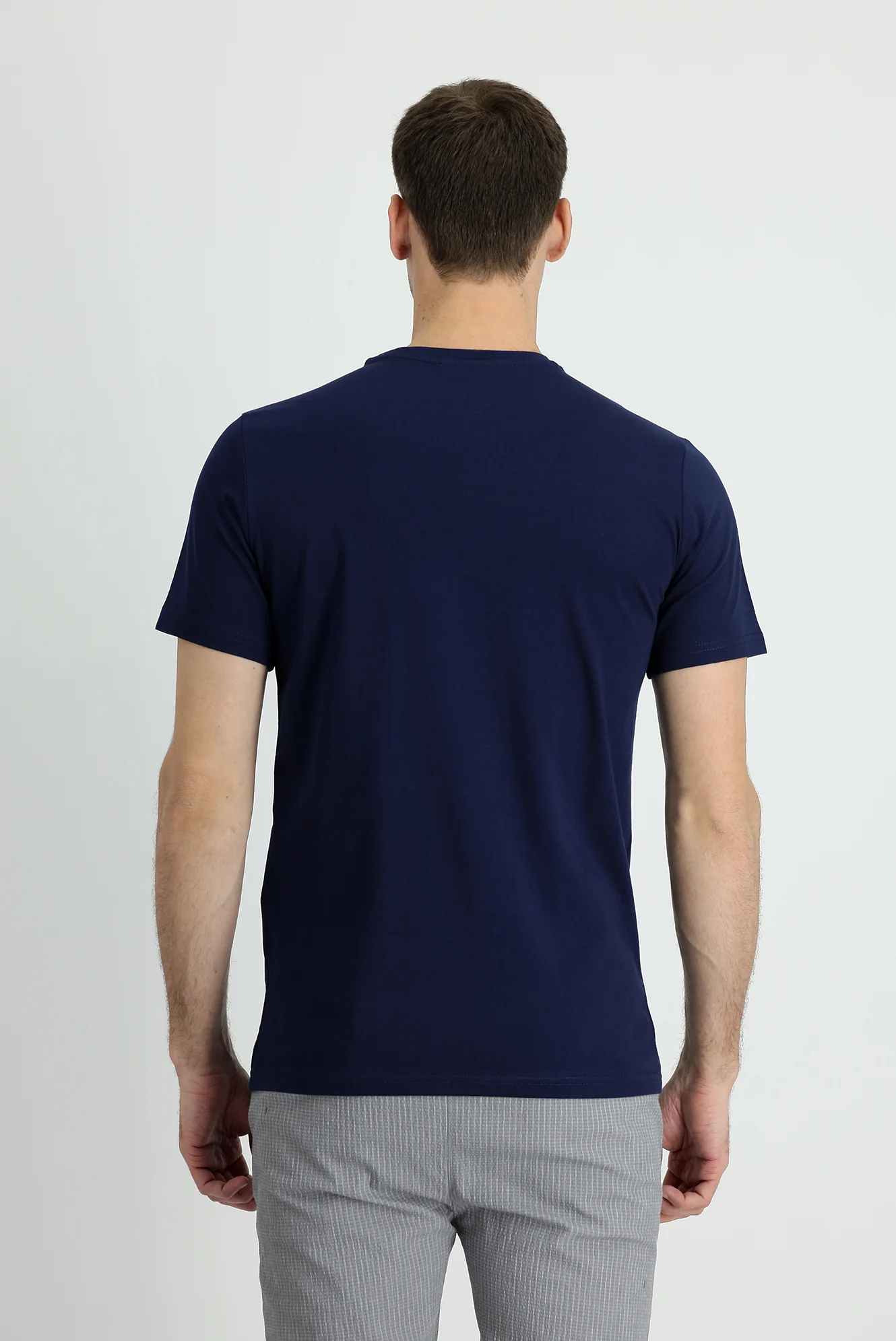 Orta Lacivert Bisiklet Yaka Slim Fit Dar Kesim Süprem Pamuk Tişört - Image 2