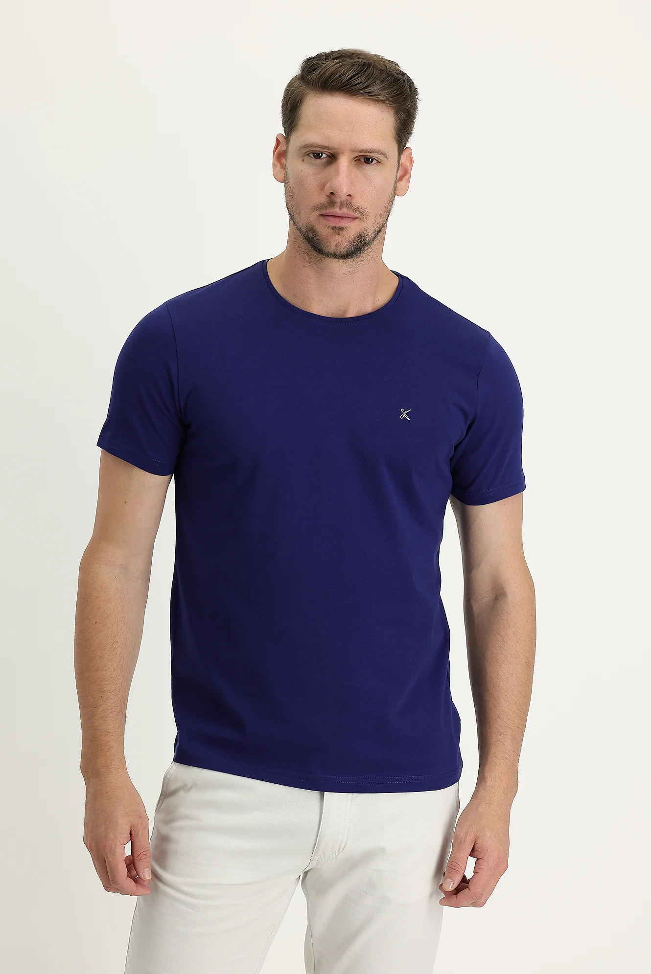 Orta Lacivert Bisiklet Yaka Slim Fit Dar Kesim Tişört - Image 2