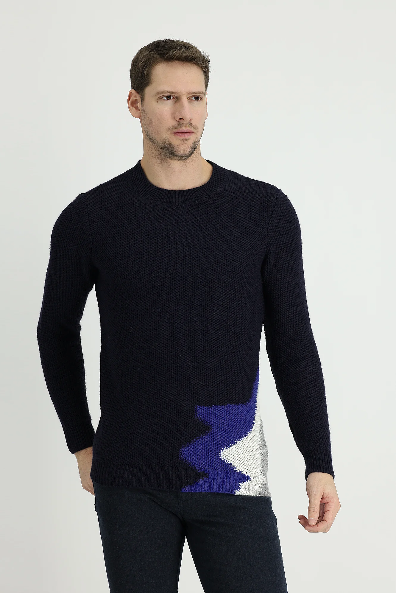 Orta Lacivert Bisiklet Yaka Slim Fit Dar Kesim Yünlü Desenli Triko Kazak - Image 2