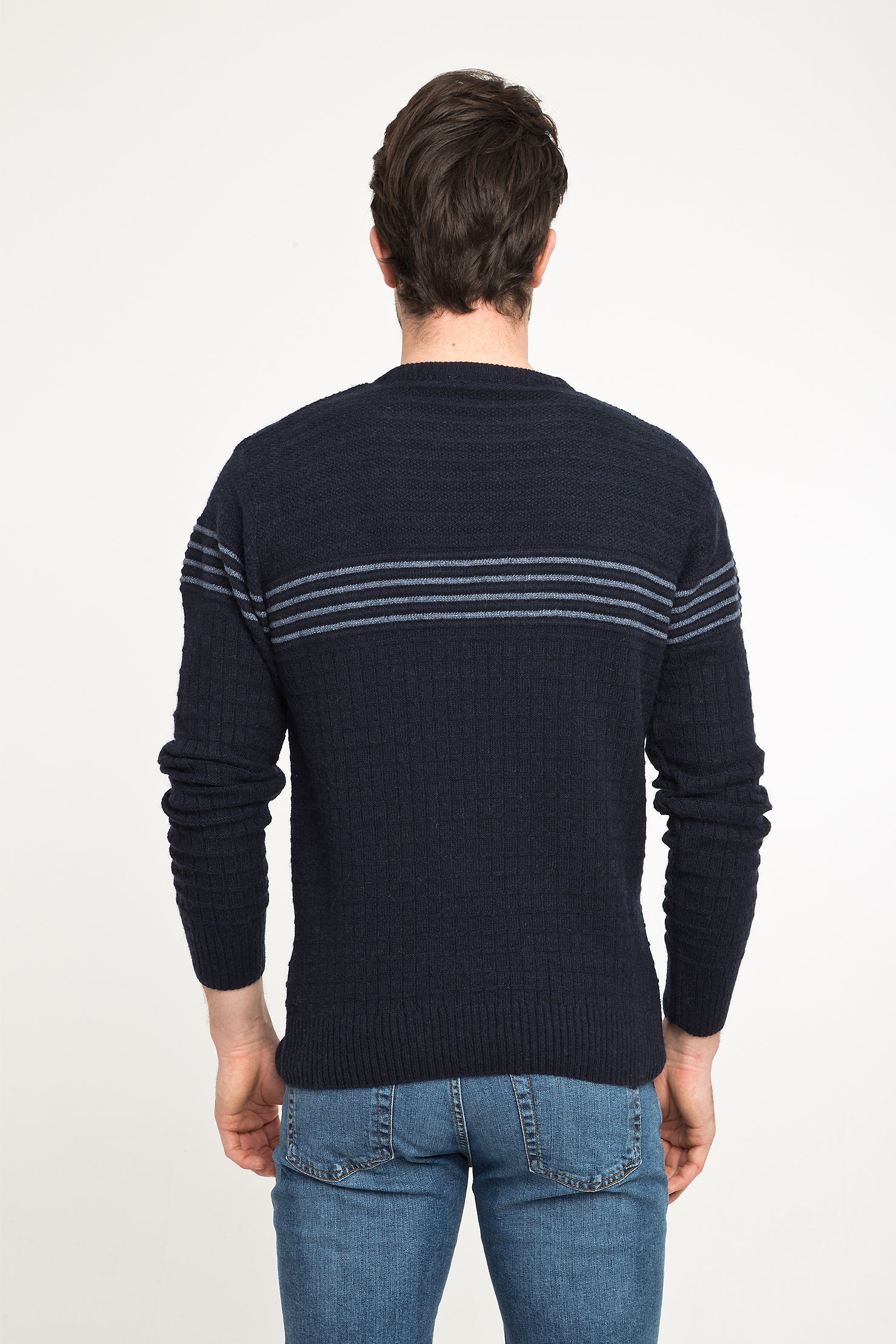 Orta Lacivert Bisiklet Yaka Yünlü Slim Fit Dar Kesim Triko Kazak - Image 3