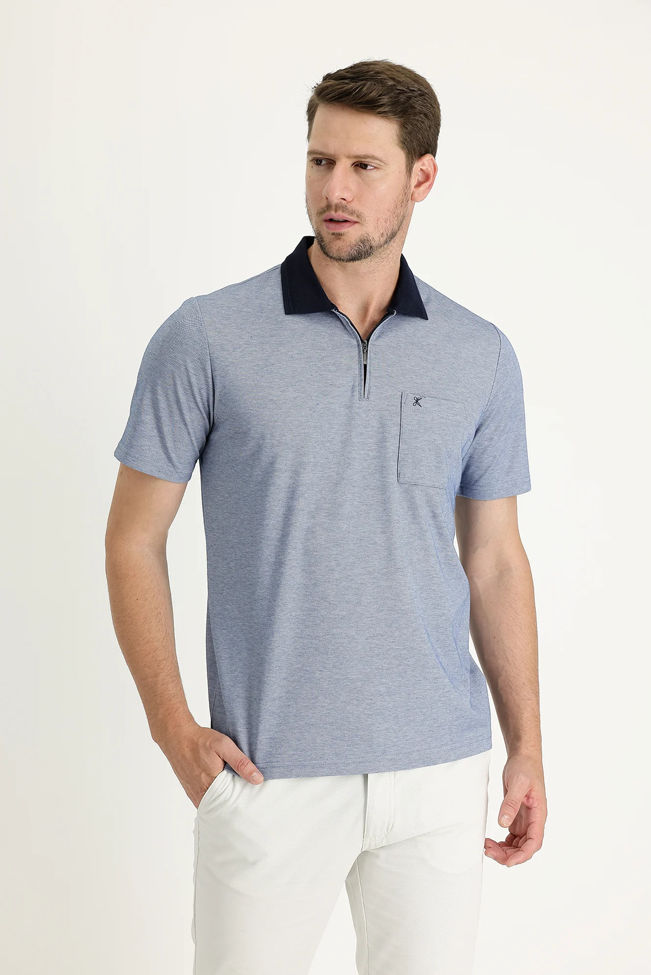 Orta Lacivert Cepli Polo Yaka Regular Fit Fermuarlı Nakışlı Tişört