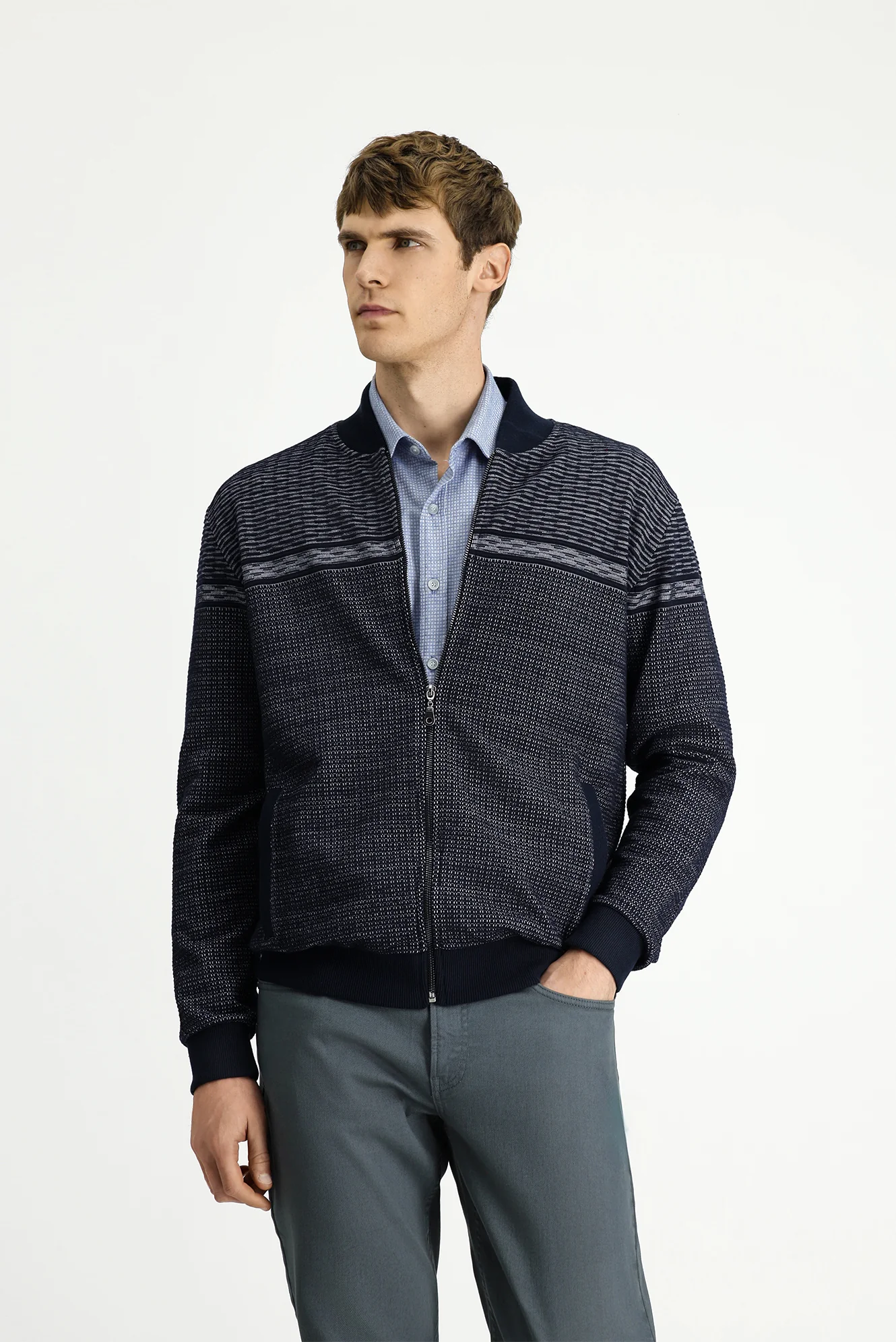 Orta Lacivert Desenli Fermuarlı Sweat Hırka
