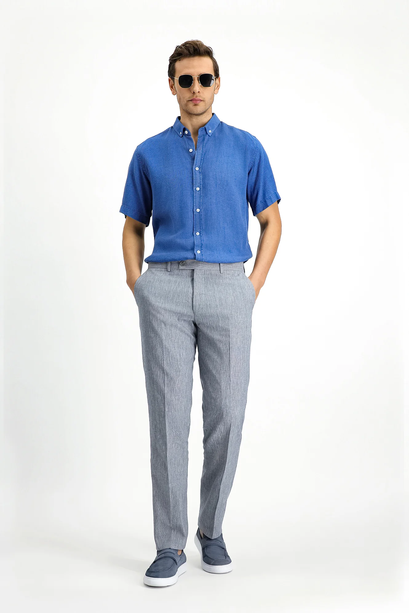 Orta Lacivert Kısa Kol Regular Fit Spor Düğmeli Yaka Denim Görünümlü Gömlek - Image 3