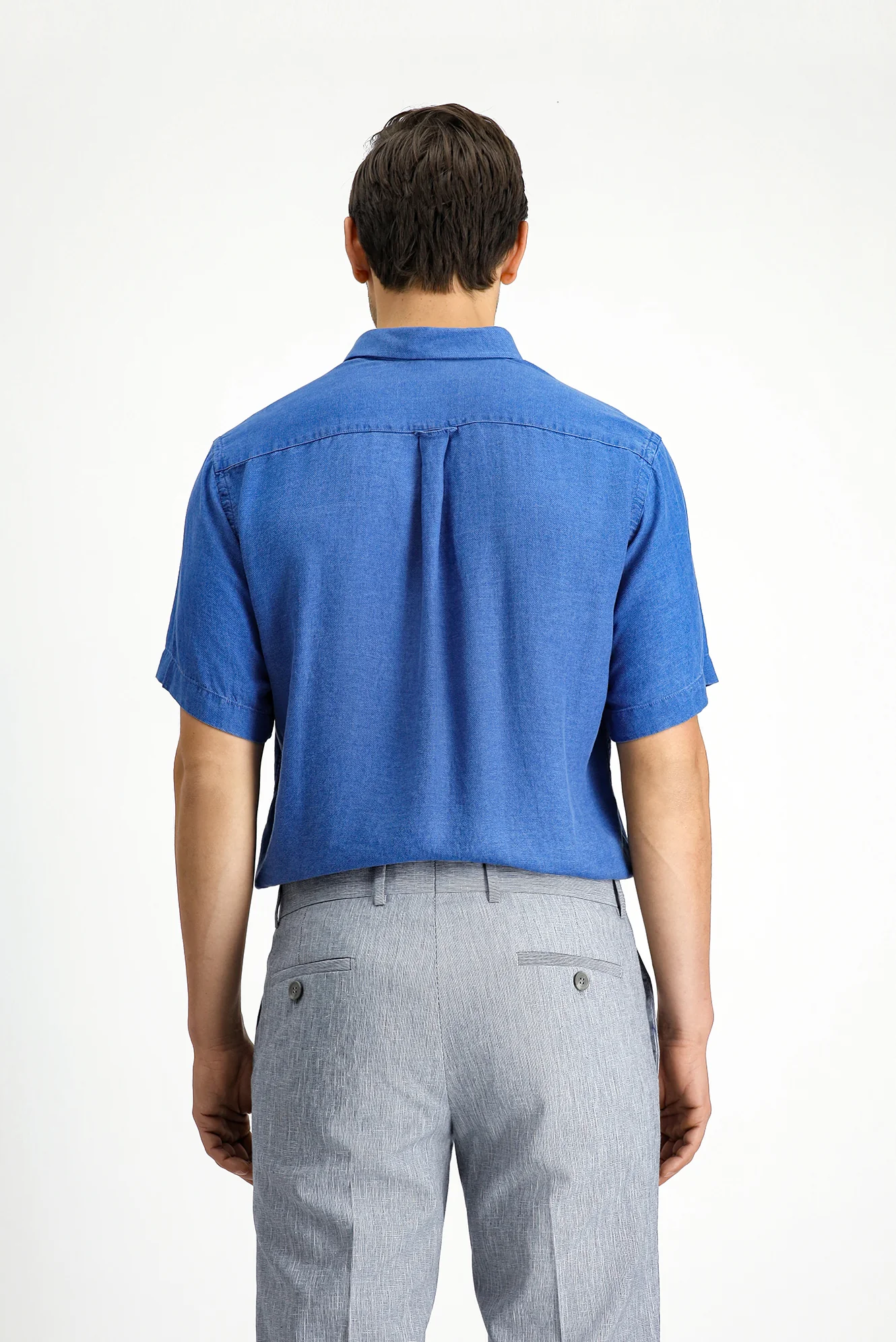 Orta Lacivert Kısa Kol Regular Fit Spor Düğmeli Yaka Denim Görünümlü Gömlek - Image 5