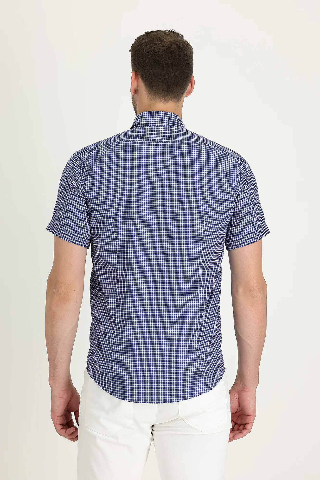Orta Lacivert Kısa Kol Slim Fit Dar Kesim Ekose Gömlek - Image 3