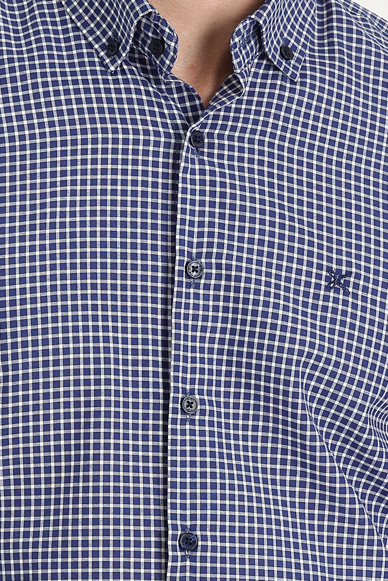 Orta Lacivert Kısa Kol Slim Fit Dar Kesim Ekose Gömlek - Image 4