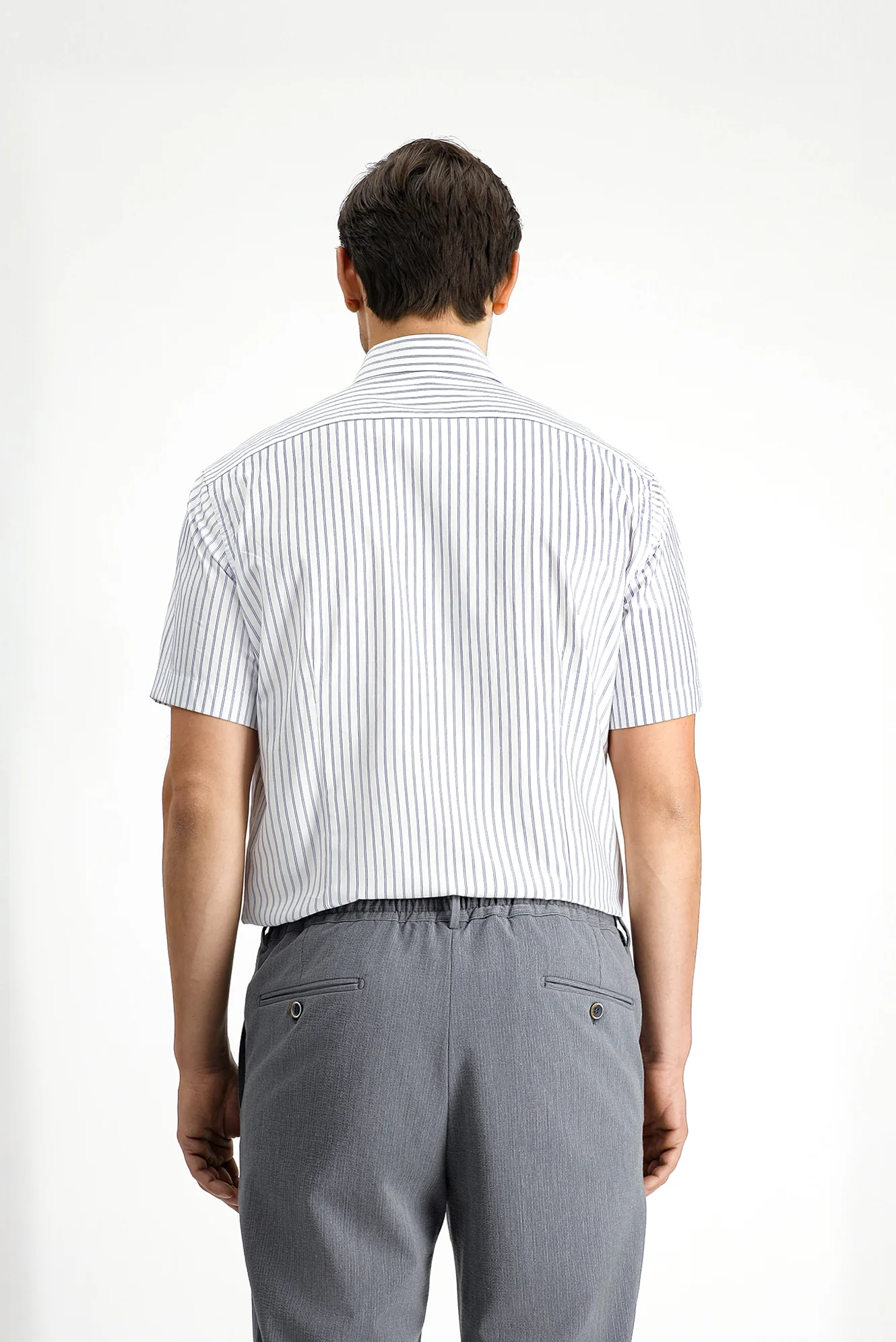Orta Lacivert Kısa Kol Slim Fit Dar Kesim Pamuk Çizgili Gömlek - Image 4
