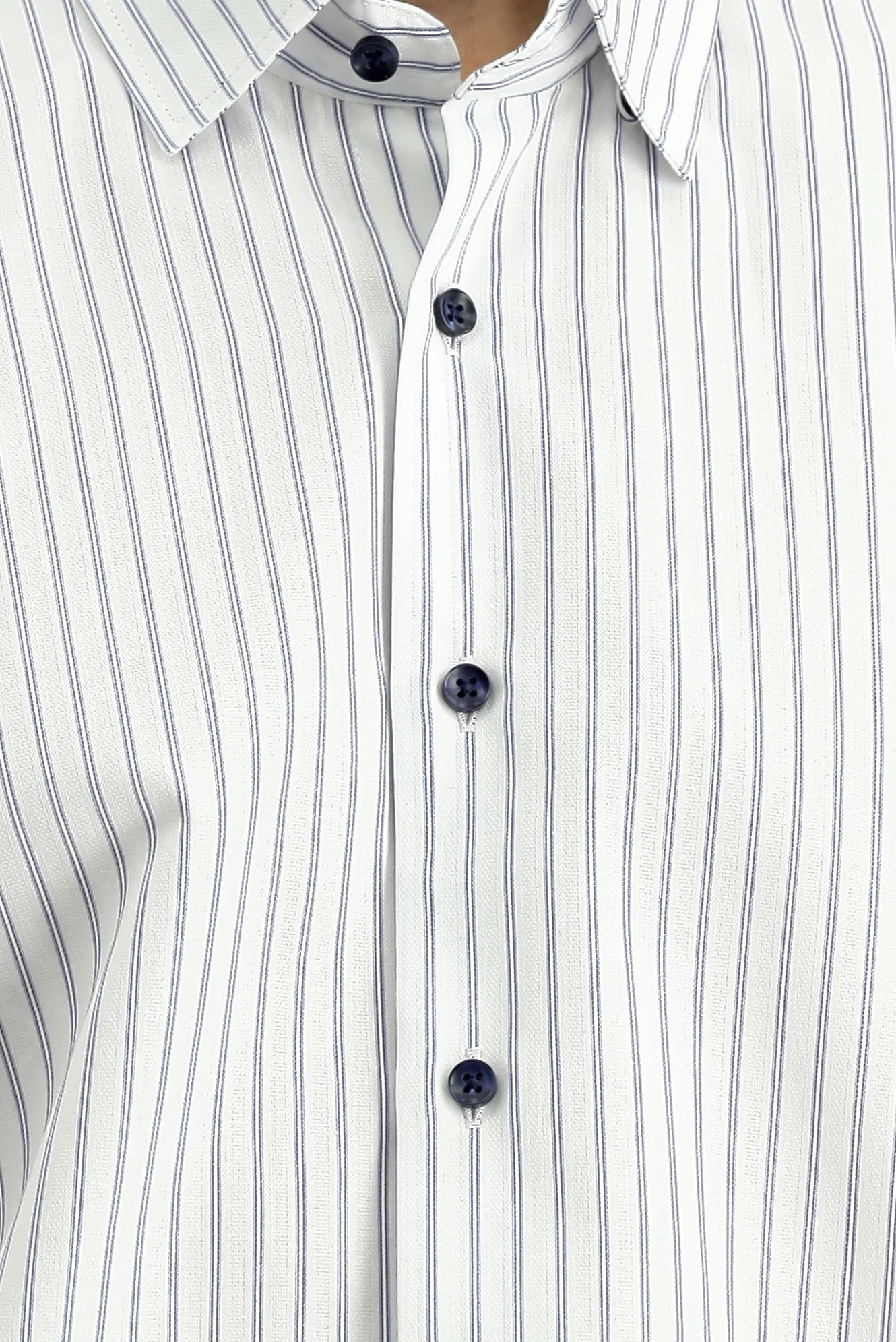 Orta Lacivert Kısa Kol Slim Fit Dar Kesim Pamuk Çizgili Gömlek - Image 5