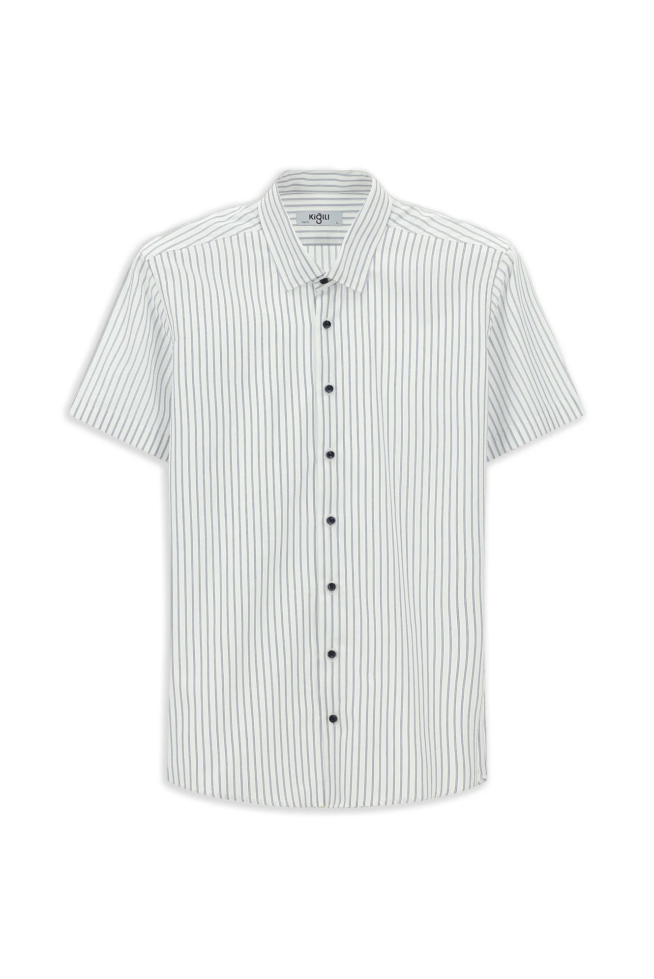 Orta Lacivert Kısa Kol Slim Fit Dar Kesim Pamuk Çizgili Gömlek - Image 7