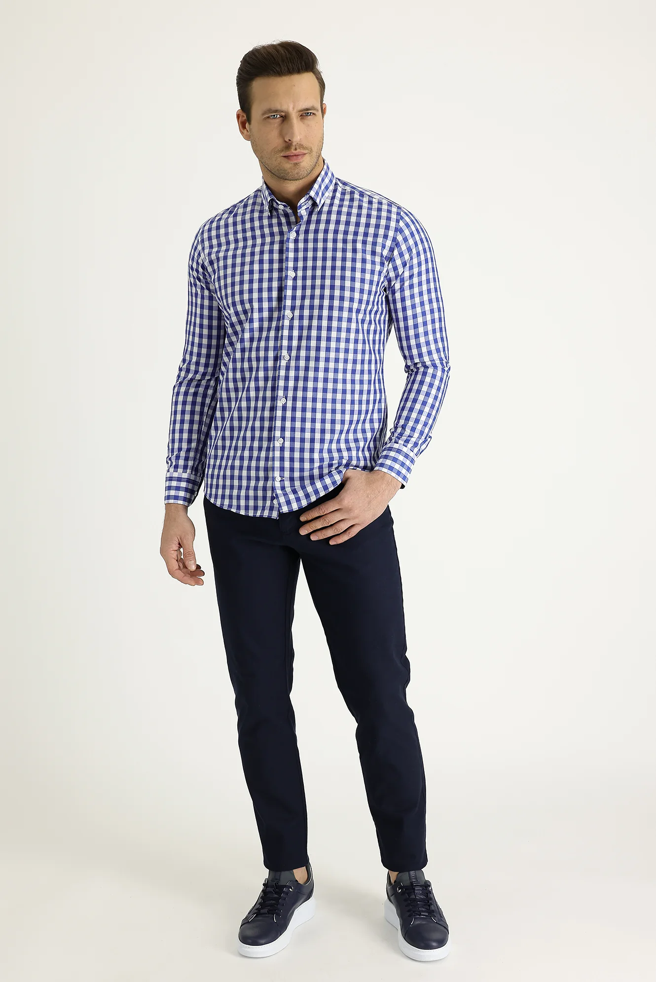 Orta Lacivert Regular Fit Standart Kesim Likralı Kanvas / Chino Pantolon