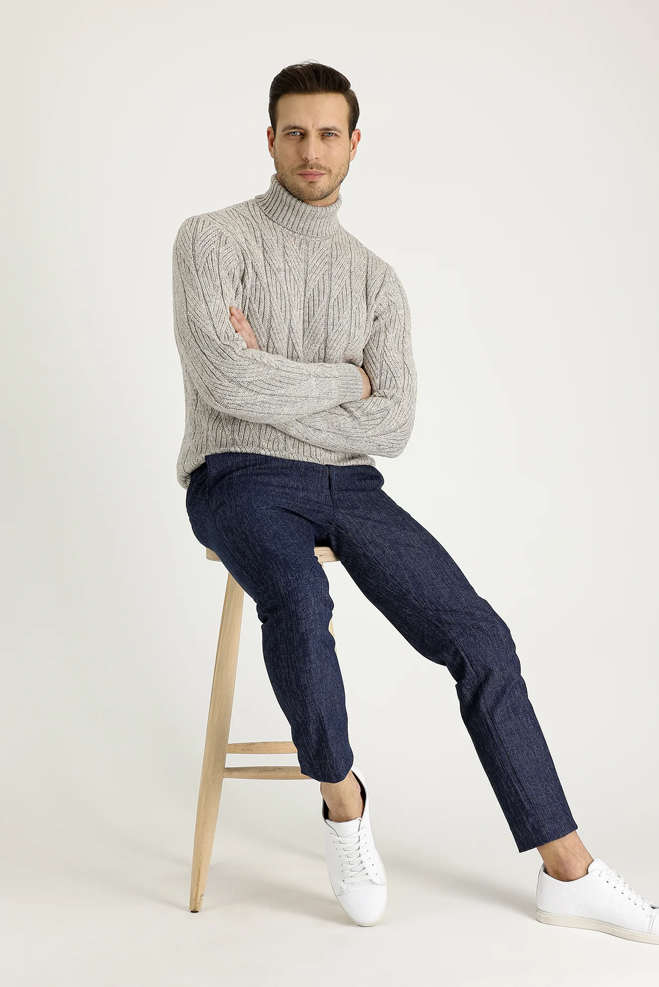 Orta Lacivert Slim Fit Dar Kesim Beli Lastikli İpli Desenli Likralı Pantolon