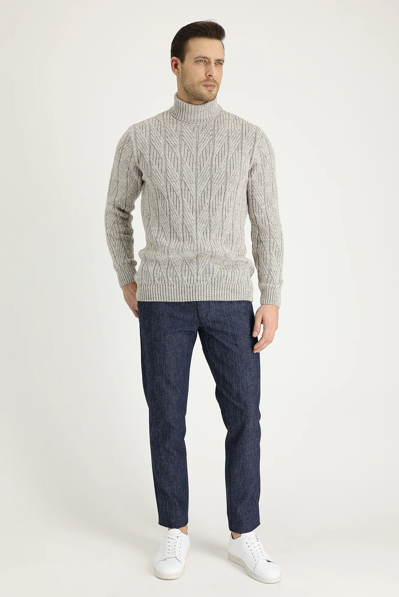 Orta Lacivert Slim Fit Dar Kesim Beli Lastikli İpli Desenli Likralı Pantolon - Image 2