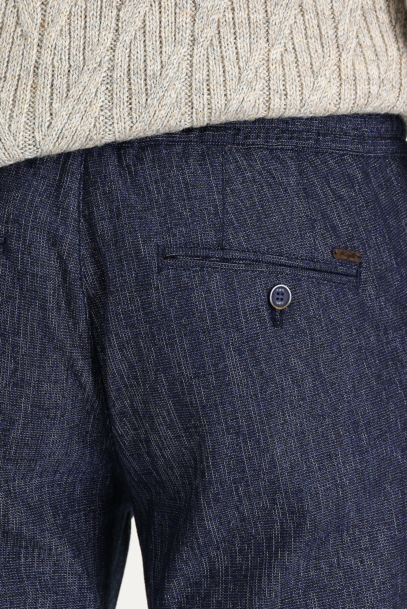 Orta Lacivert Slim Fit Dar Kesim Beli Lastikli İpli Desenli Likralı Pantolon - Image 5