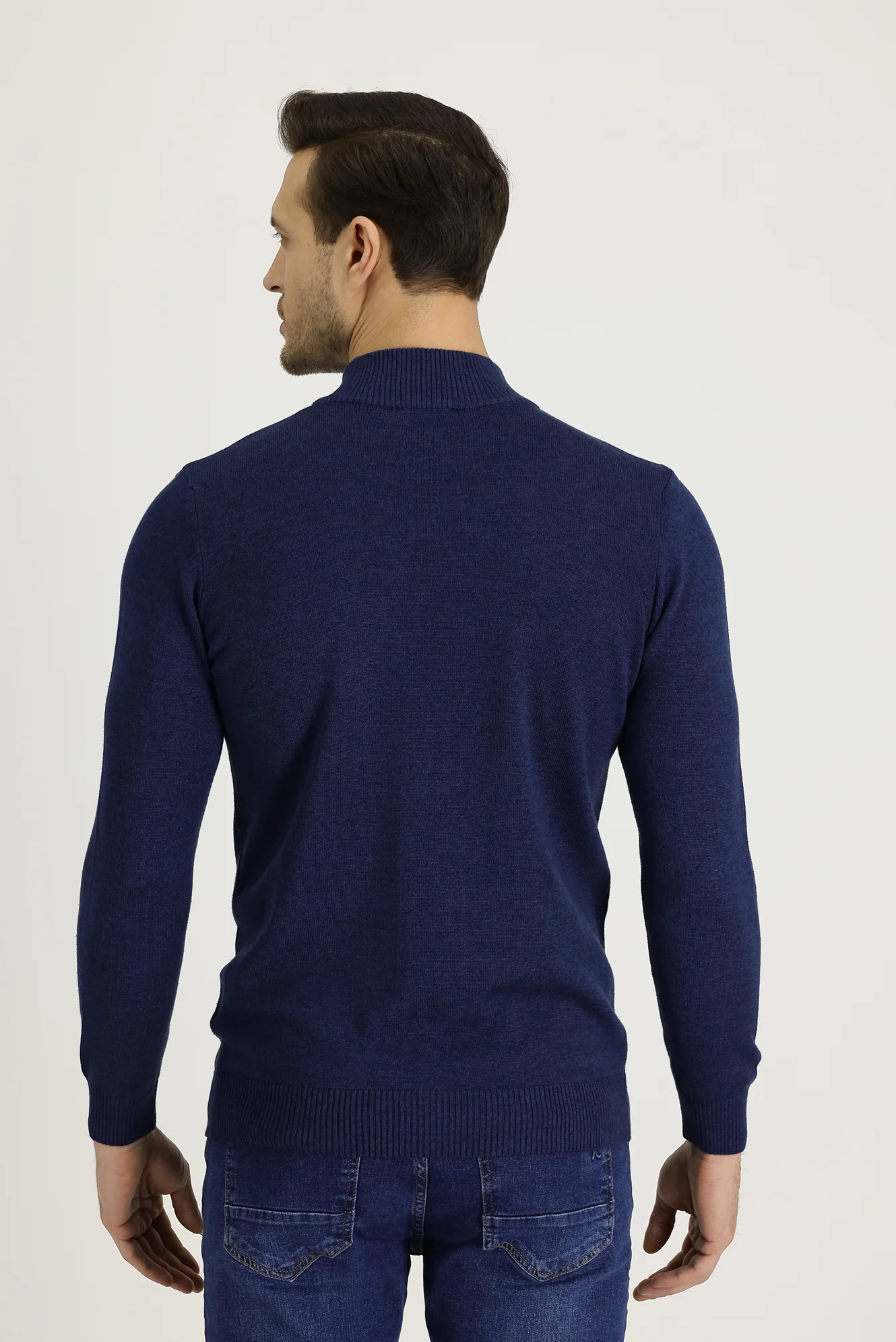 Orta Lacivert Melanj Yarım Balıkçı Yaka Slim Fit Dar Kesim Fermuarlı Nakışlı Pamuklu Triko Kazak - Image 4