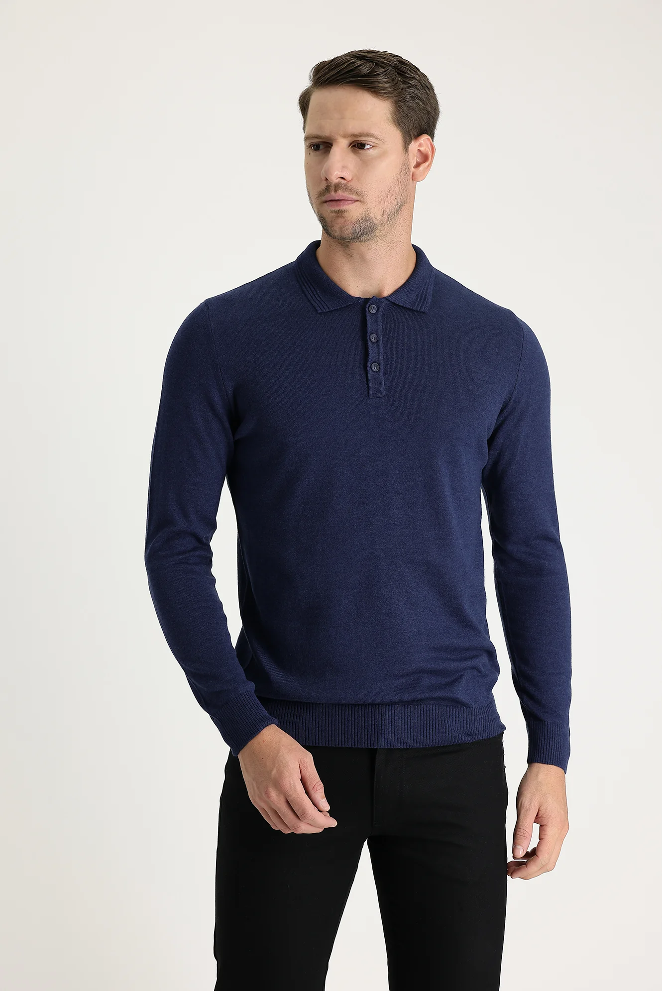Orta Lacivert Melanj Polo Yaka Regular Fit Pamuklu Triko Kazak - Image 2