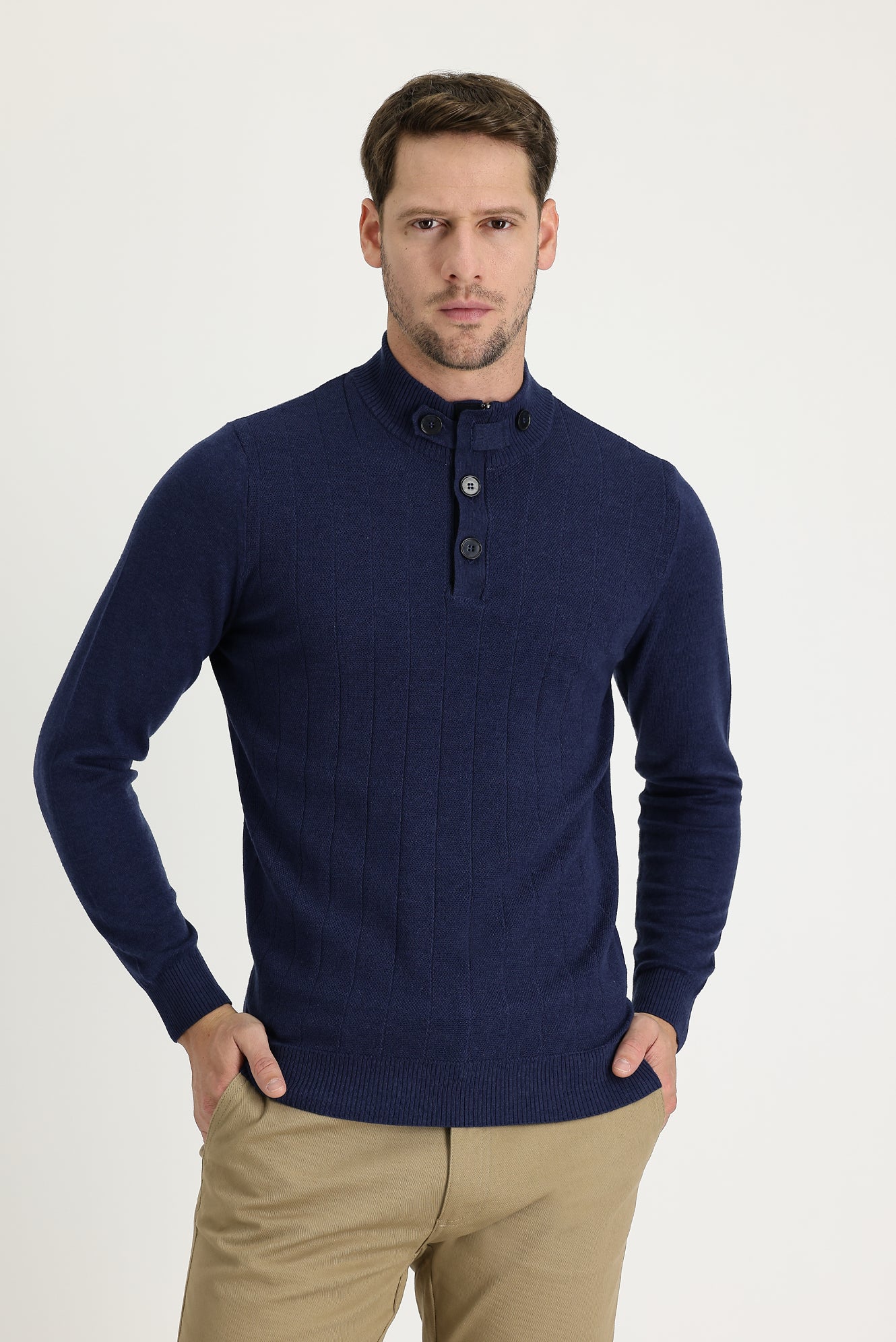 Orta Lacivert Melanj Yarım Balıkçı Yaka Slim Fit Dar Kesim Desenli Pamuklu Triko Kazak