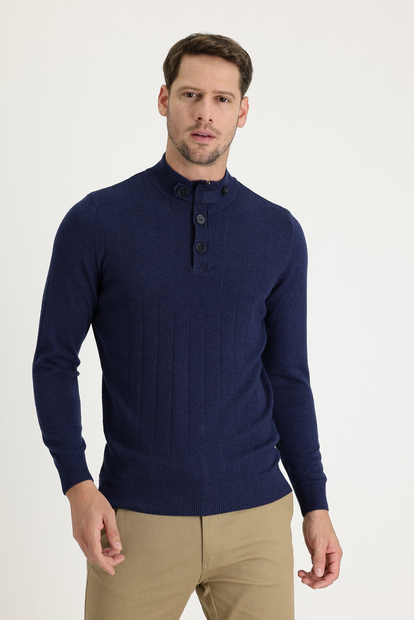 Orta Lacivert Melanj Yarım Balıkçı Yaka Slim Fit Dar Kesim Desenli Pamuklu Triko Kazak - Image 2