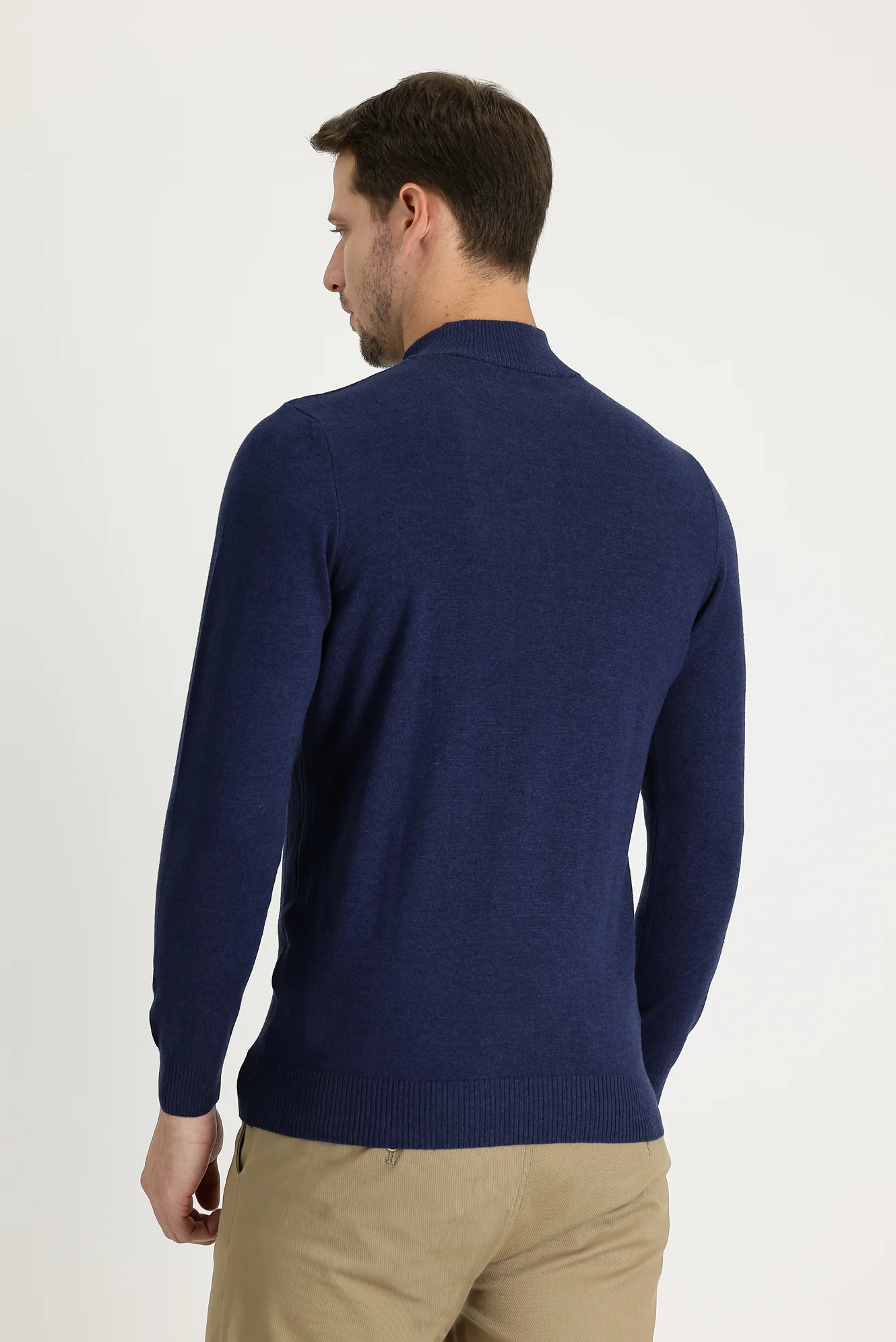 Orta Lacivert Melanj Yarım Balıkçı Yaka Slim Fit Dar Kesim Desenli Pamuklu Triko Kazak - Image 4