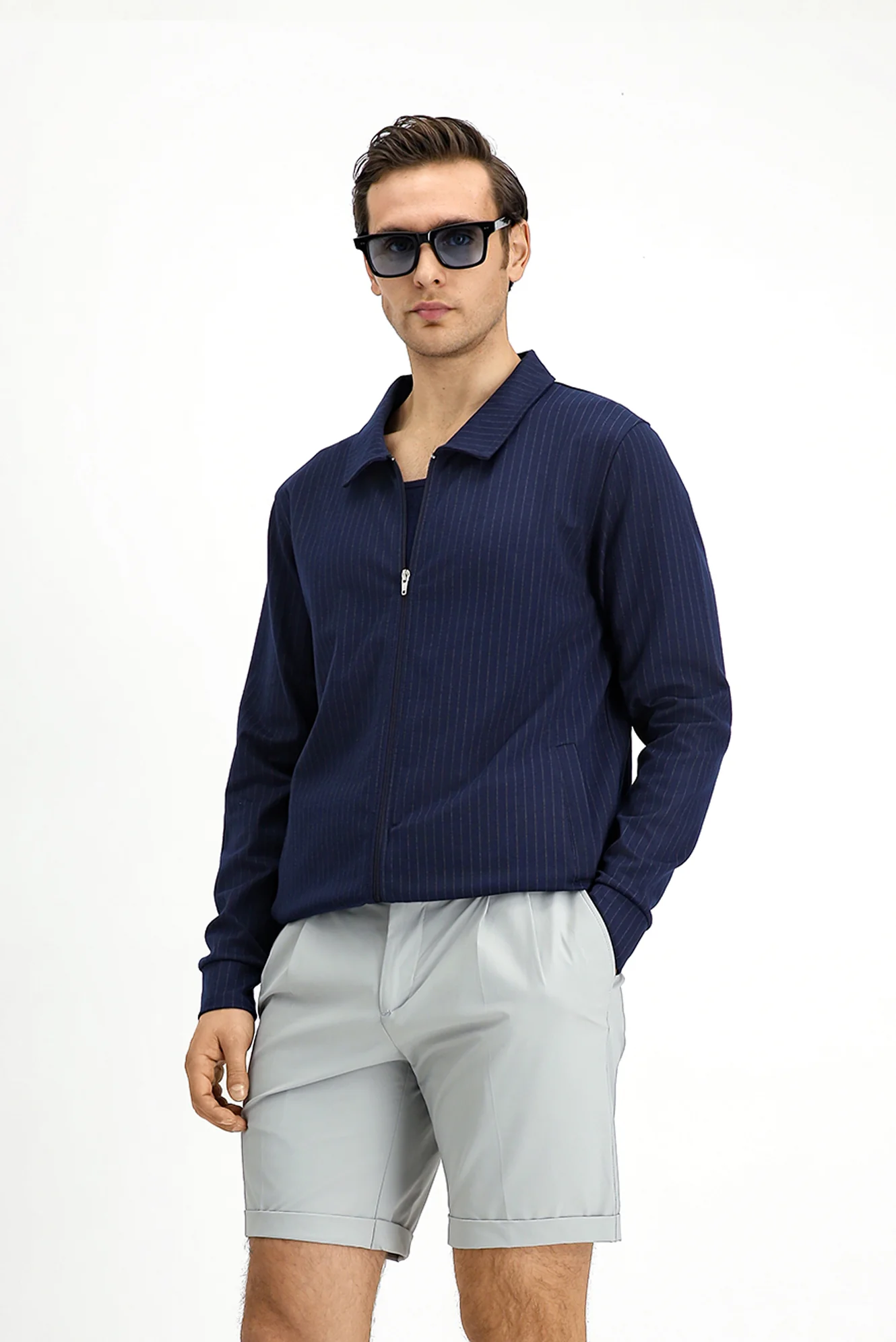 Orta Lacivert Mevsimlik Polo Yaka Regular Fit Çizgili Fermuarlı Sweat Mont - Image 4