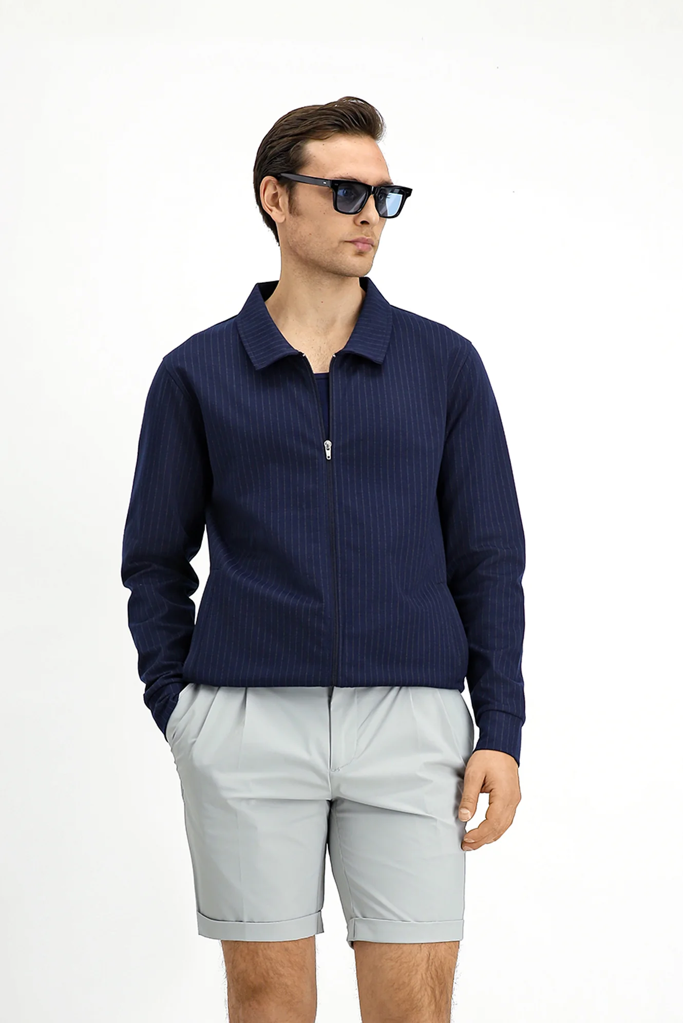 Orta Lacivert Mevsimlik Polo Yaka Regular Fit Çizgili Fermuarlı Sweat Mont - Image 5