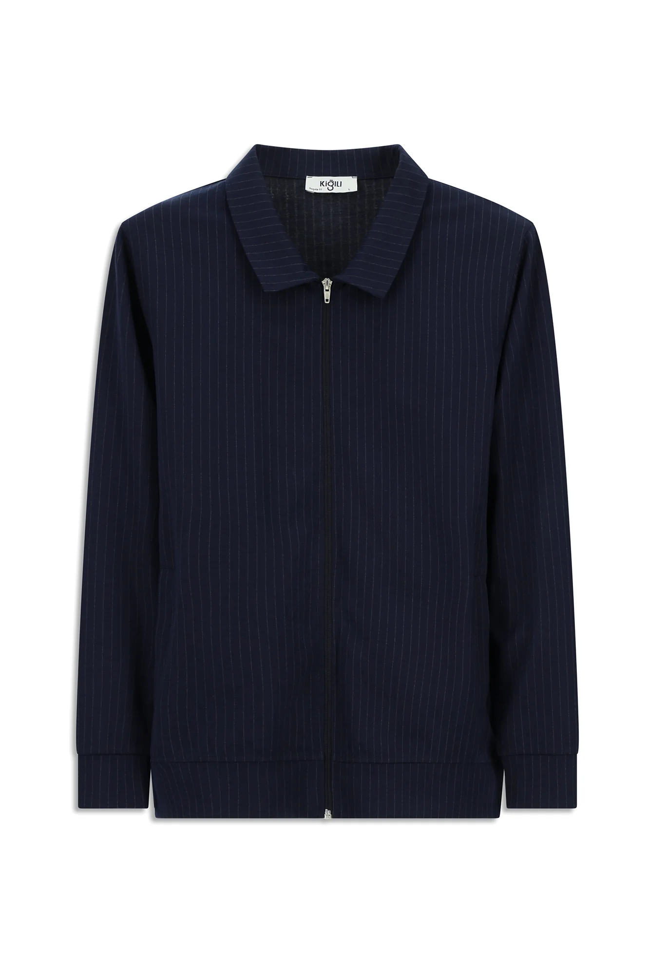 Orta Lacivert Mevsimlik Polo Yaka Regular Fit Çizgili Fermuarlı Sweat Mont - Image 7