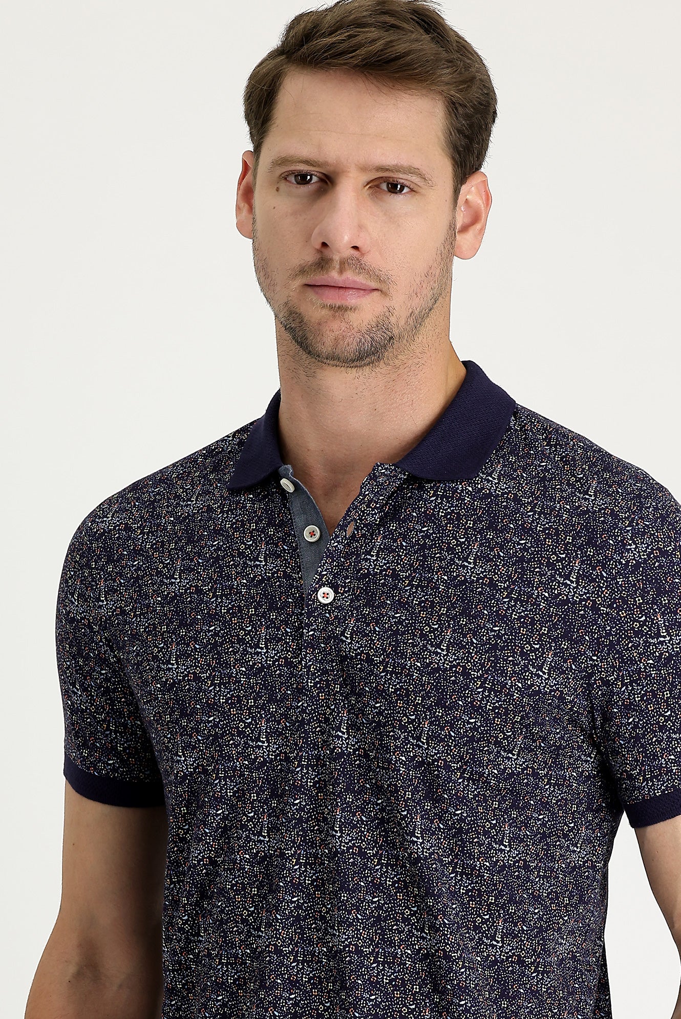 Orta Lacivert Polo Yaka Desenli Slim Fit Dar Kesim Tişört