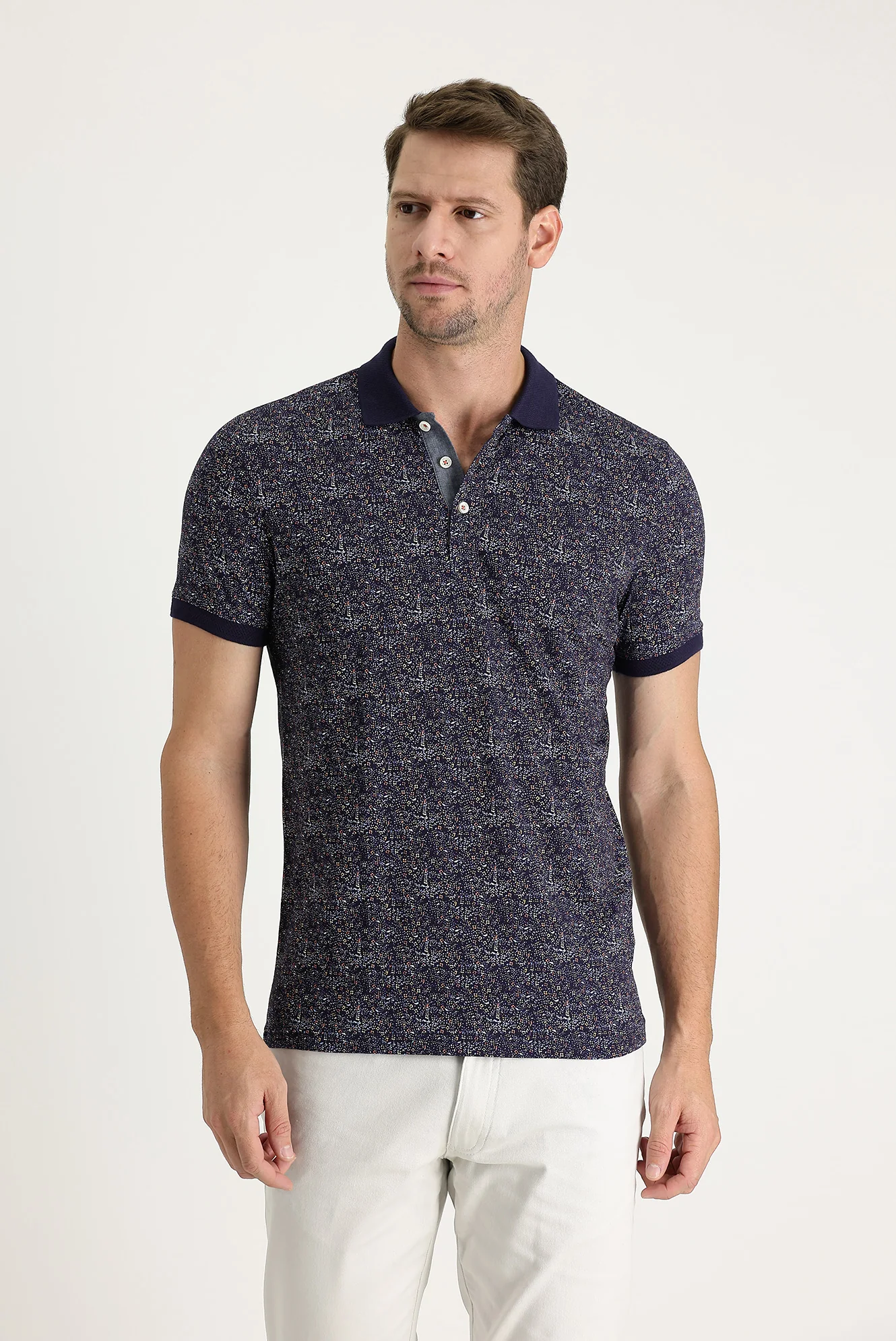 Orta Lacivert Polo Yaka Desenli Slim Fit Dar Kesim Tişört - Image 2