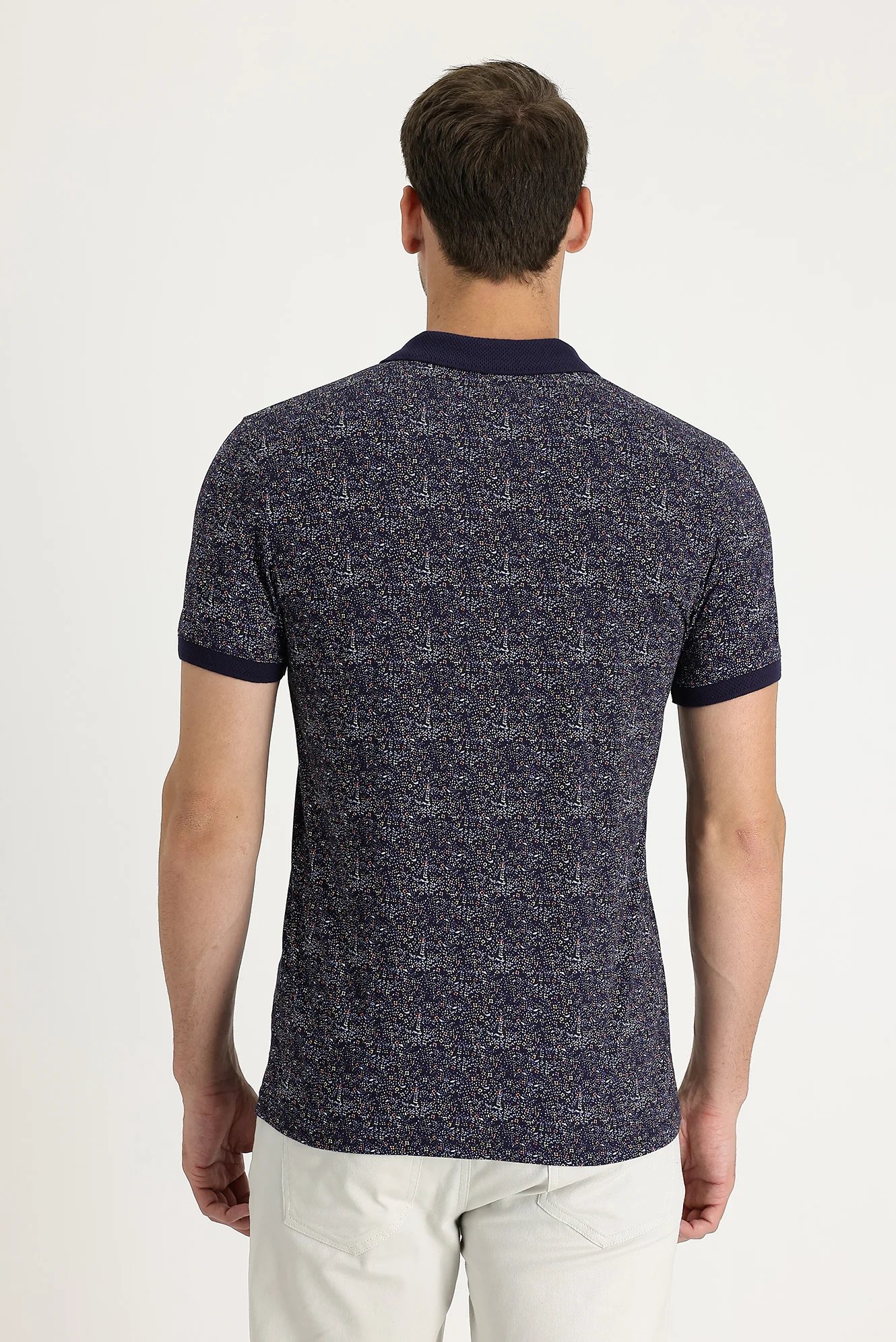Orta Lacivert Polo Yaka Desenli Slim Fit Dar Kesim Tişört - Image 3