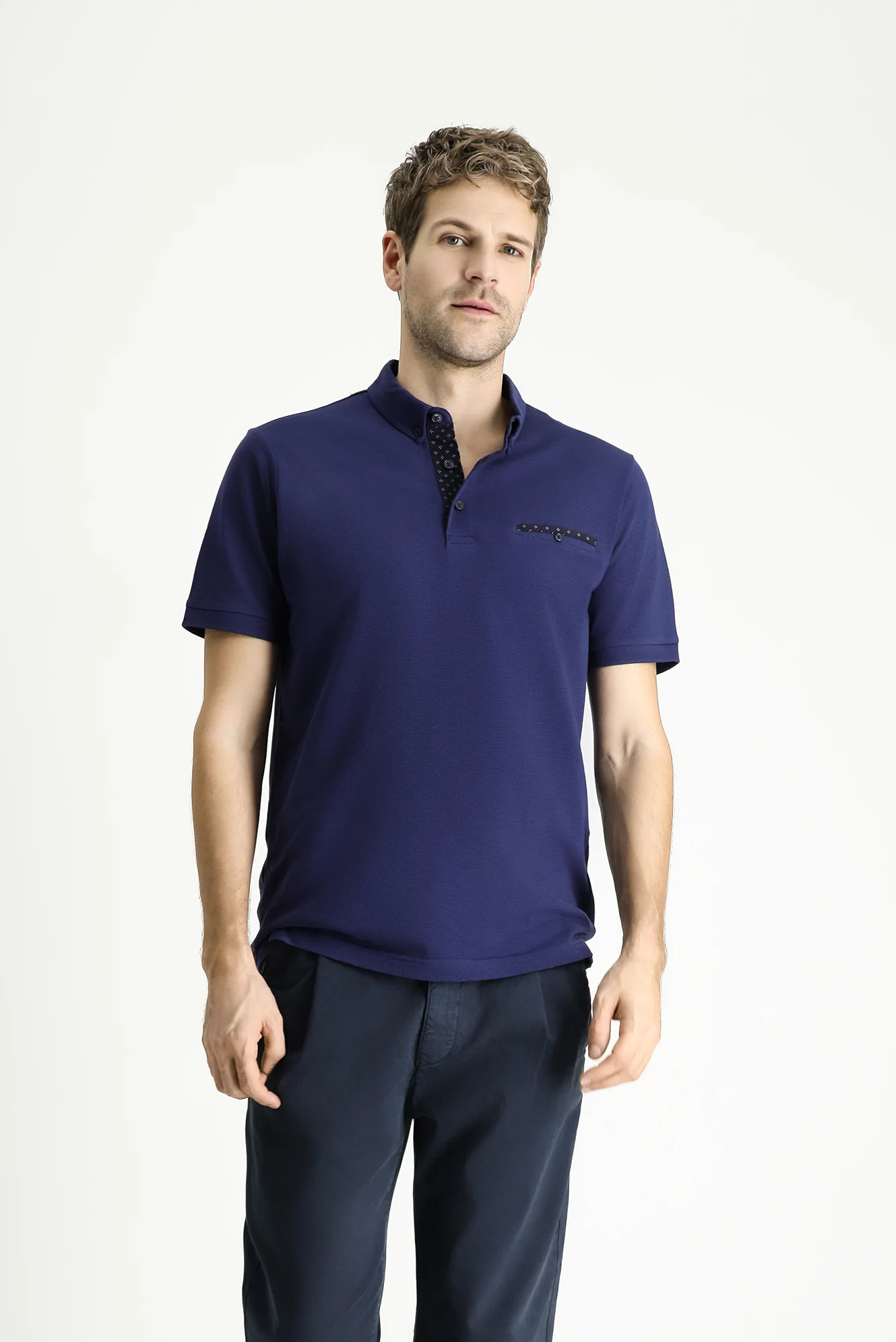 Orta Lacivert Polo Yaka Regular Fit Desenli Pamuk Tişört