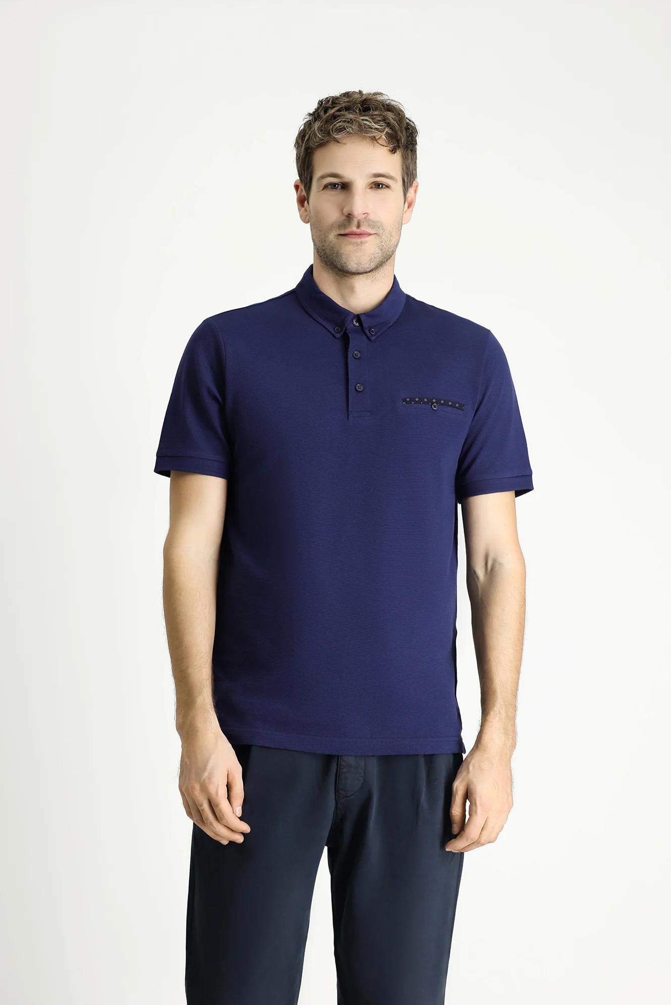 Orta Lacivert Polo Yaka Regular Fit Desenli Pamuk Tişört - Image 3