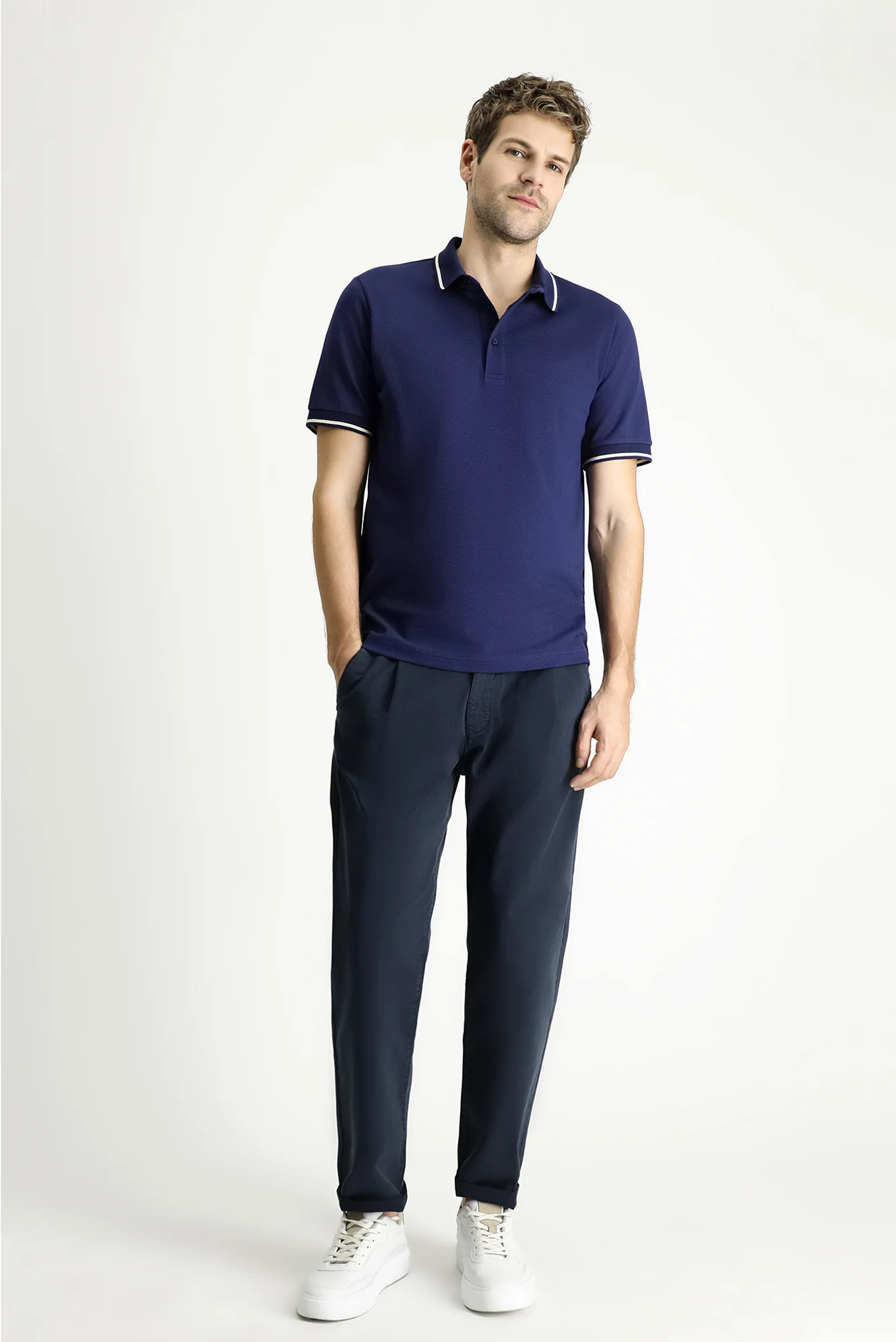 Orta Lacivert Polo Yaka Regular Fit Desenli Pamuklu Tişört - Image 2