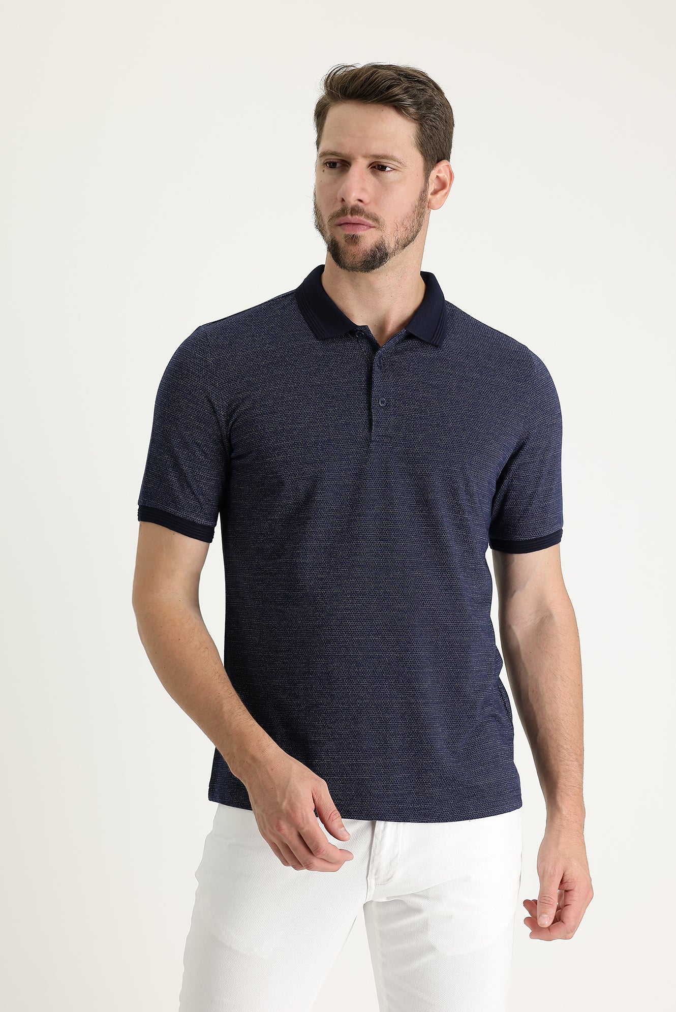 Orta Lacivert Polo Yaka Regular Fit Desenli Tişört - Image 2