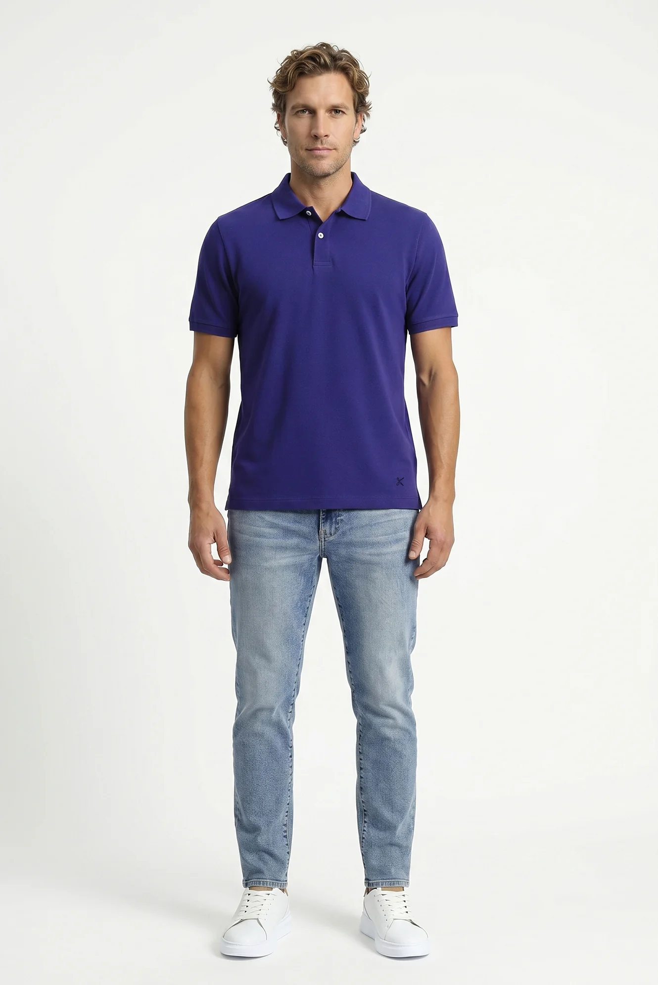 Orta Lacivert Polo Yaka Regular Fit Nakışlı Pamuk Tişört - Image 4