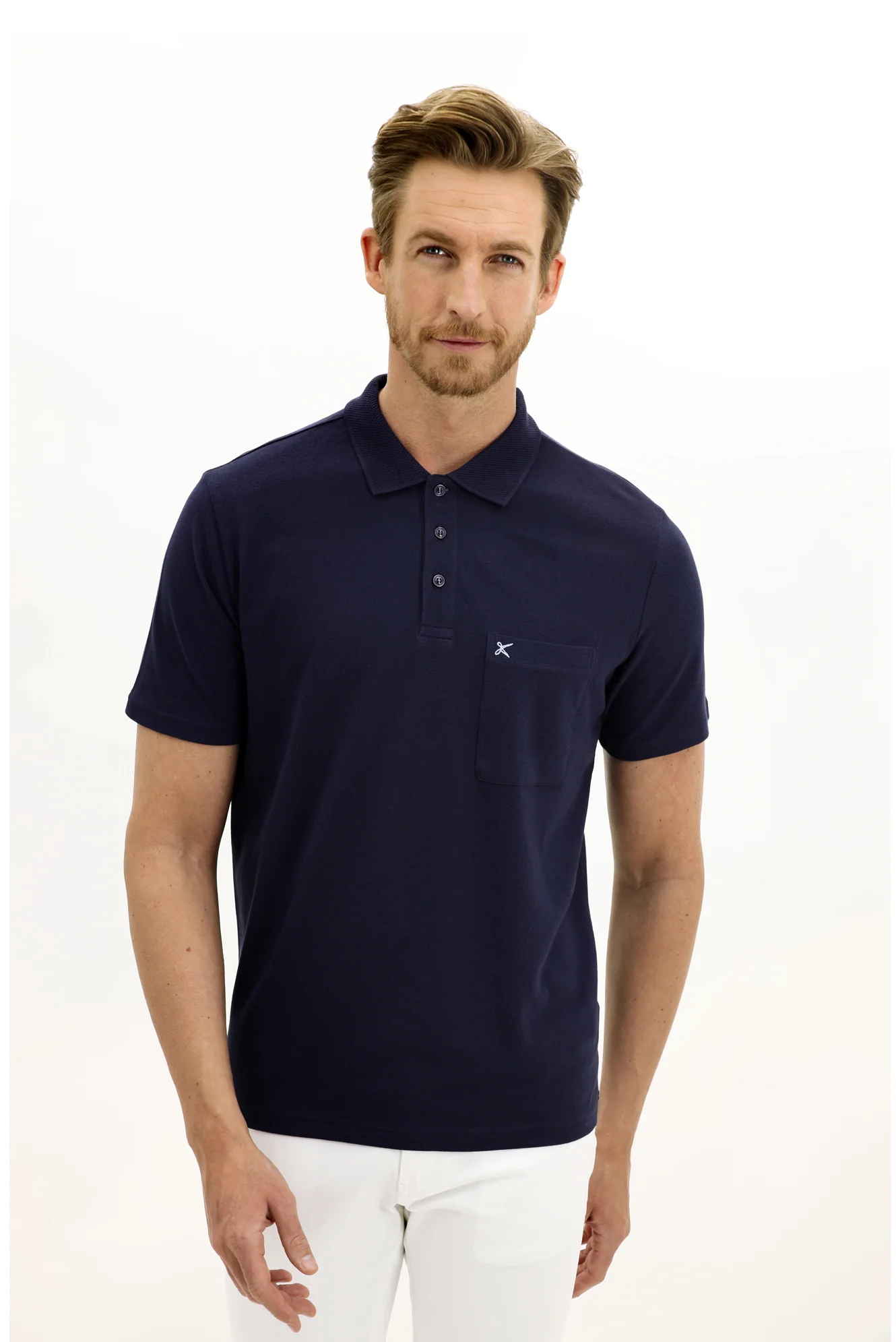 Orta Lacivert Polo Yaka Regular Fit Nakışlı Pamuk Tişört - Image 2