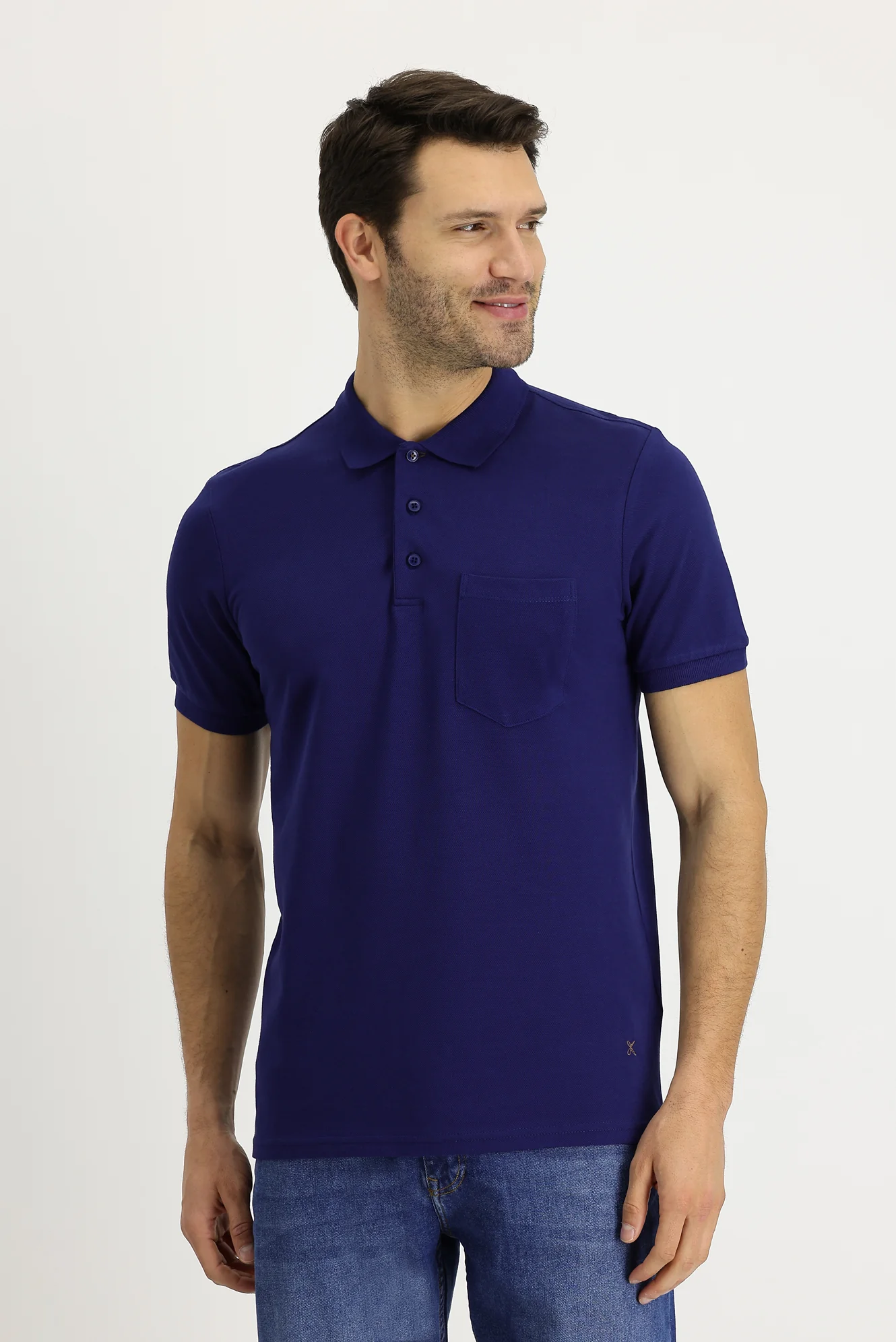 Orta Lacivert Polo Yaka Regular Fit Nakışlı Pamuk Tişört