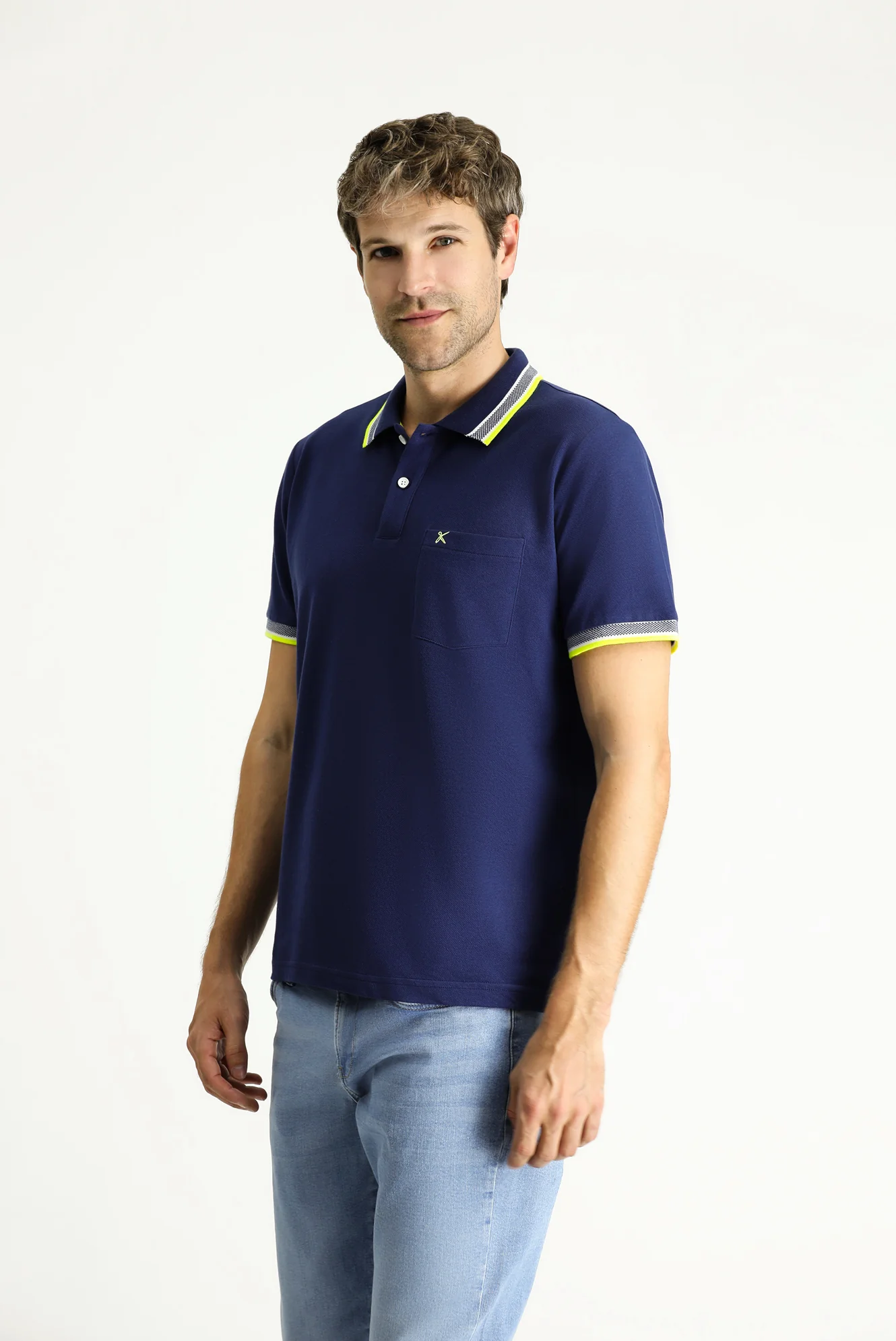 Orta Lacivert Polo Yaka Regular Fit Desenli Nakışlı Pamuk Tişört - Image 4