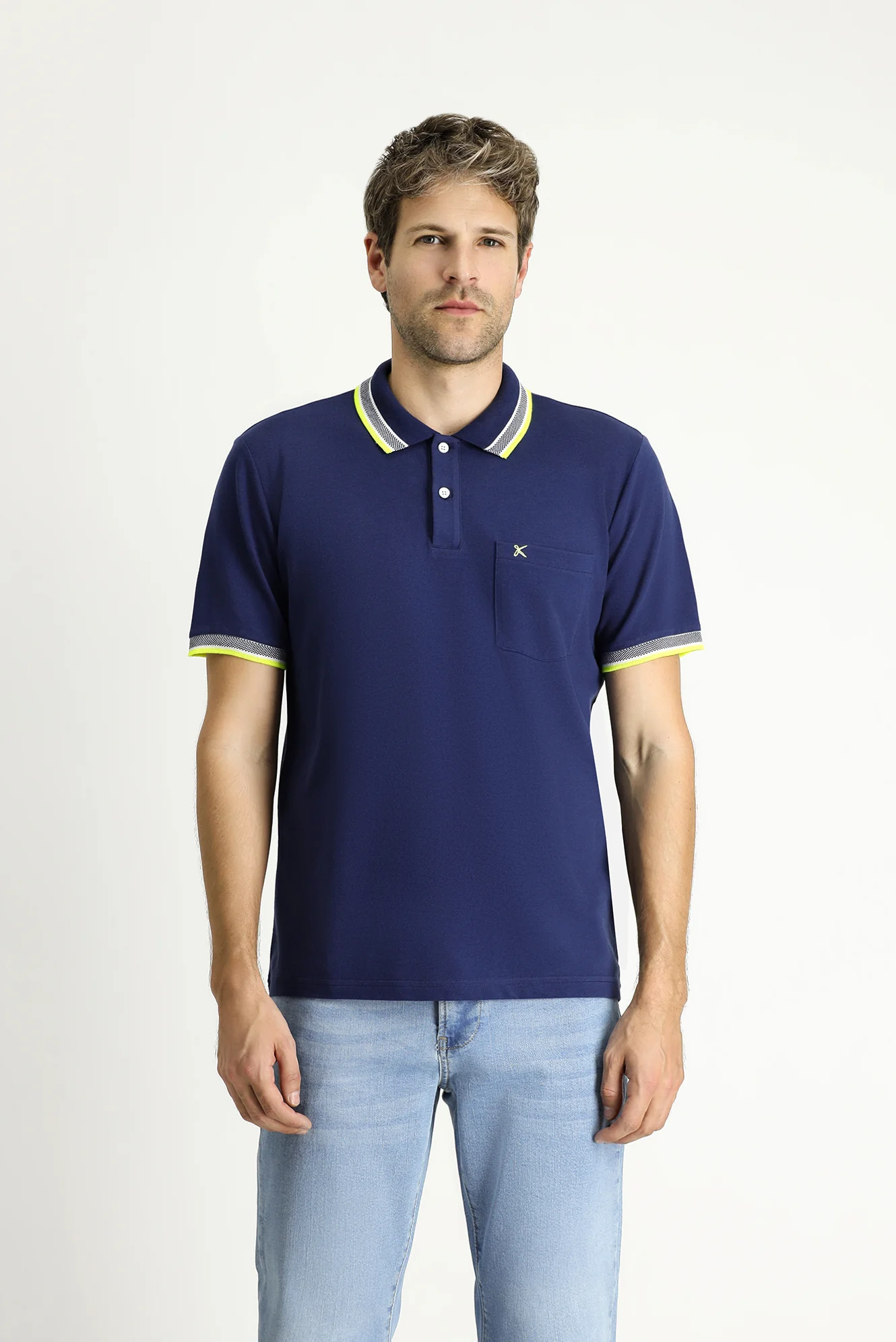 Orta Lacivert Polo Yaka Regular Fit Desenli Nakışlı Pamuk Tişört - Image 5