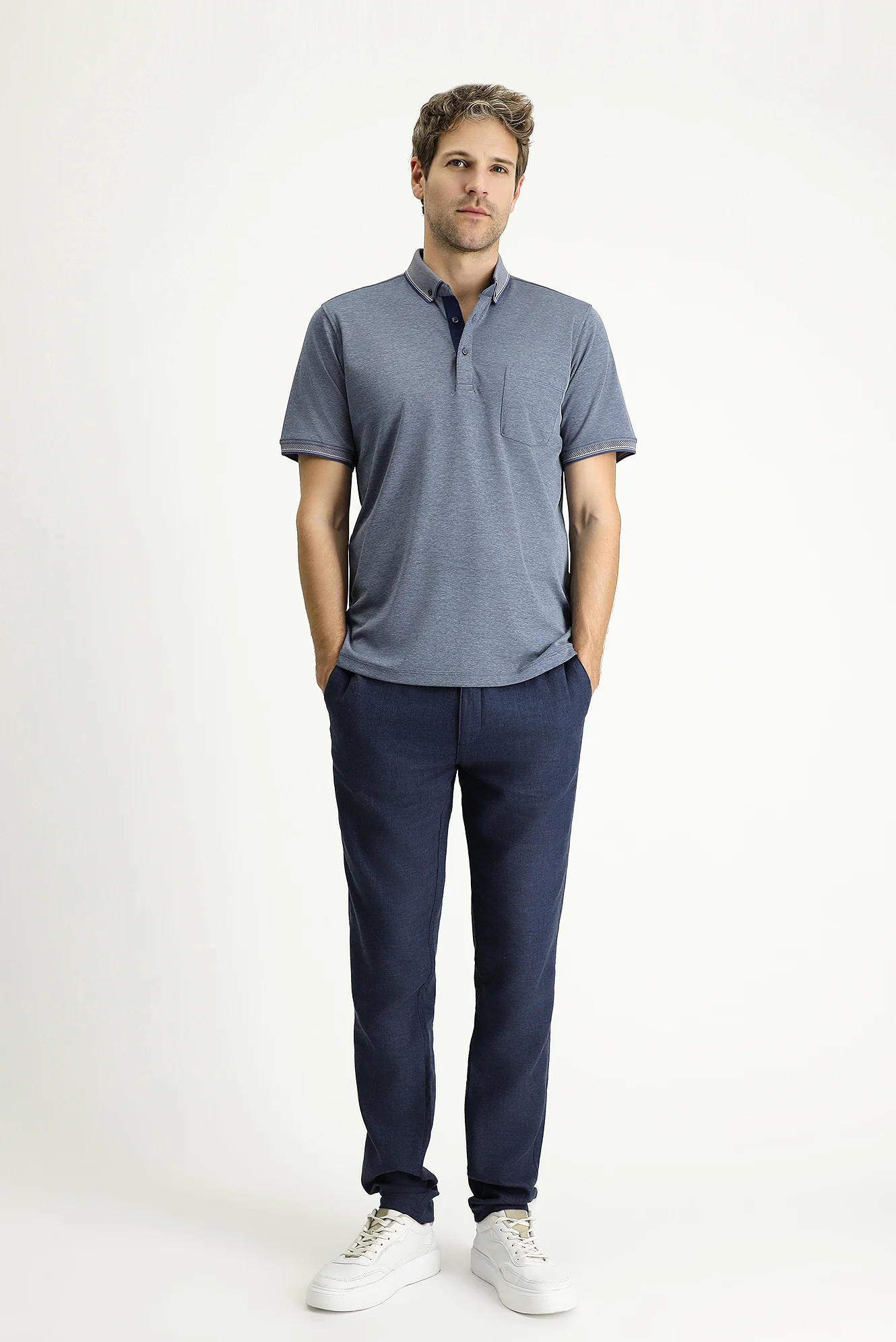Orta Lacivert Polo Yaka Regular Fit Pamuklu Tişört - Image 2