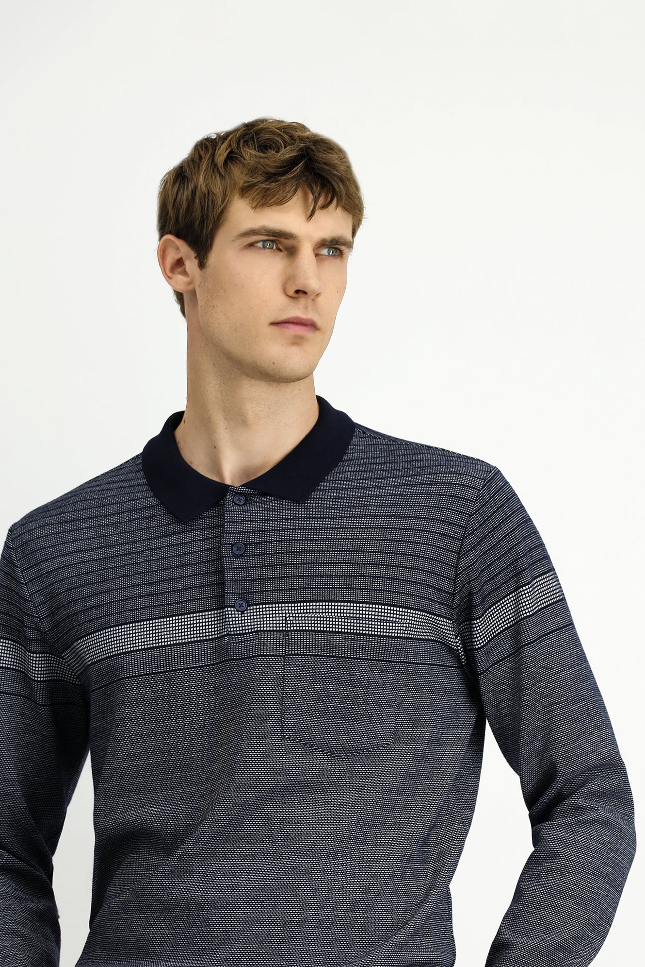 Orta Lacivert Polo Yaka Regular Fit Çizgili Sweatshirt